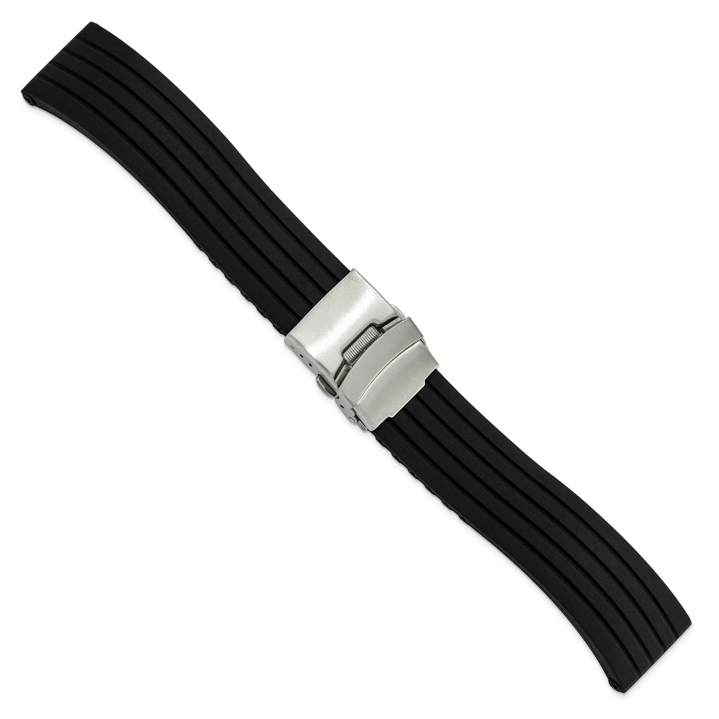 20mm Oris Style Black Striped Silicone Rubber with Brushed Stainless Steel Deployment Buckle 7.25 inch Watch Band