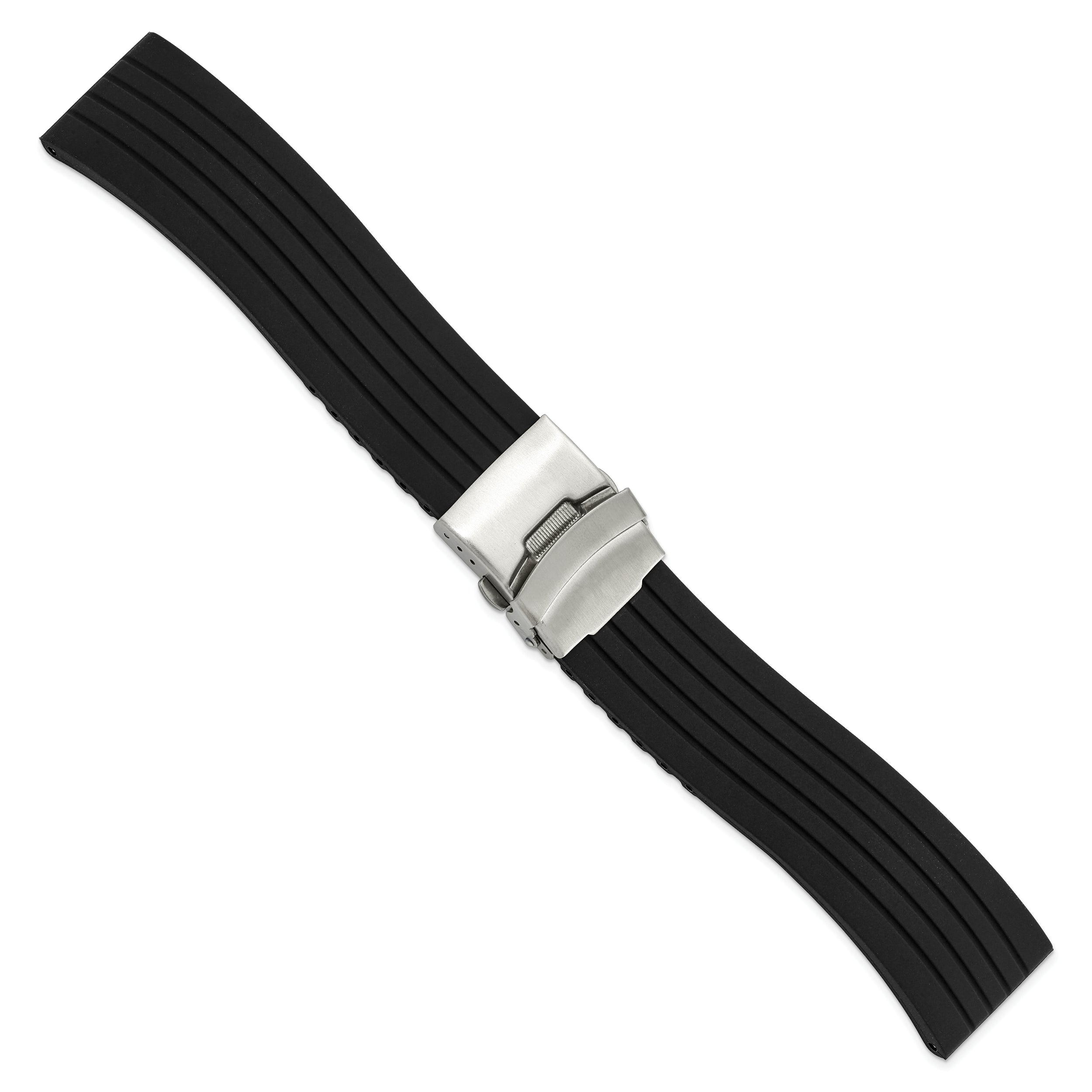 20mm Oris Style Black Striped Silicone Rubber with Brushed Stainless Steel Deployment Buckle 7.25 inch Watch Band