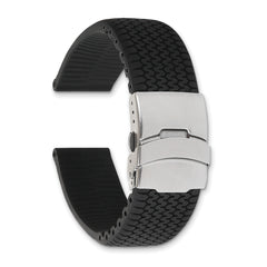 20mm Black Tread Design Silicone Rubber with Brushed Stainless Steel Deployment Buckle 7.25 inch Watch Band