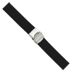 20mm Black Tread Design Silicone Rubber with Brushed Stainless Steel Deployment Buckle 7.25 inch Watch Band