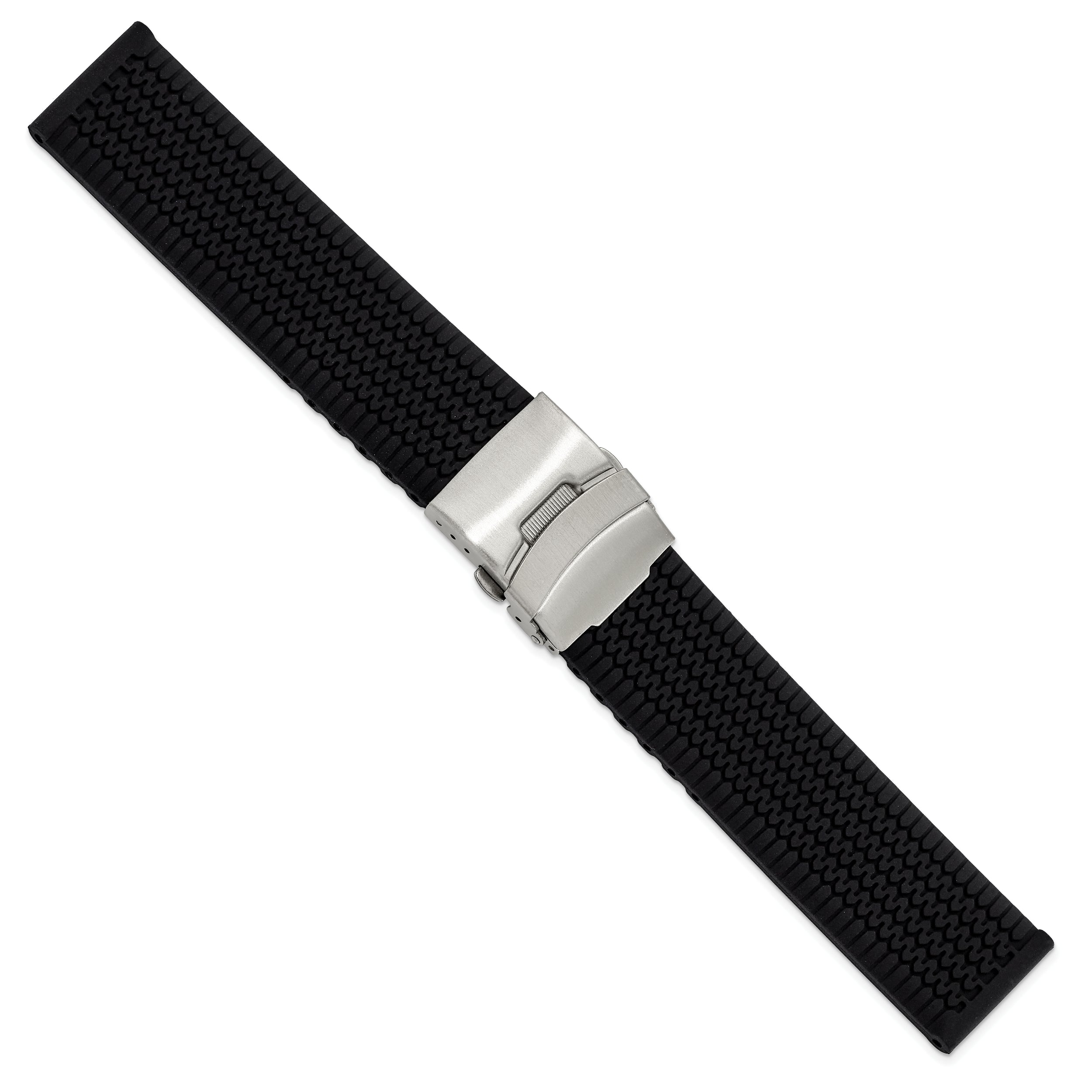 20mm Black Tread Design Silicone Rubber with Brushed Stainless Steel Deployment Buckle 7.25 inch Watch Band