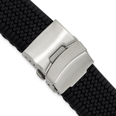 DeBeer 22mm Black Tread Design Silicone Rubber with Brushed Stainless Steel Deployment Buckle 7.25 inch Watch Band