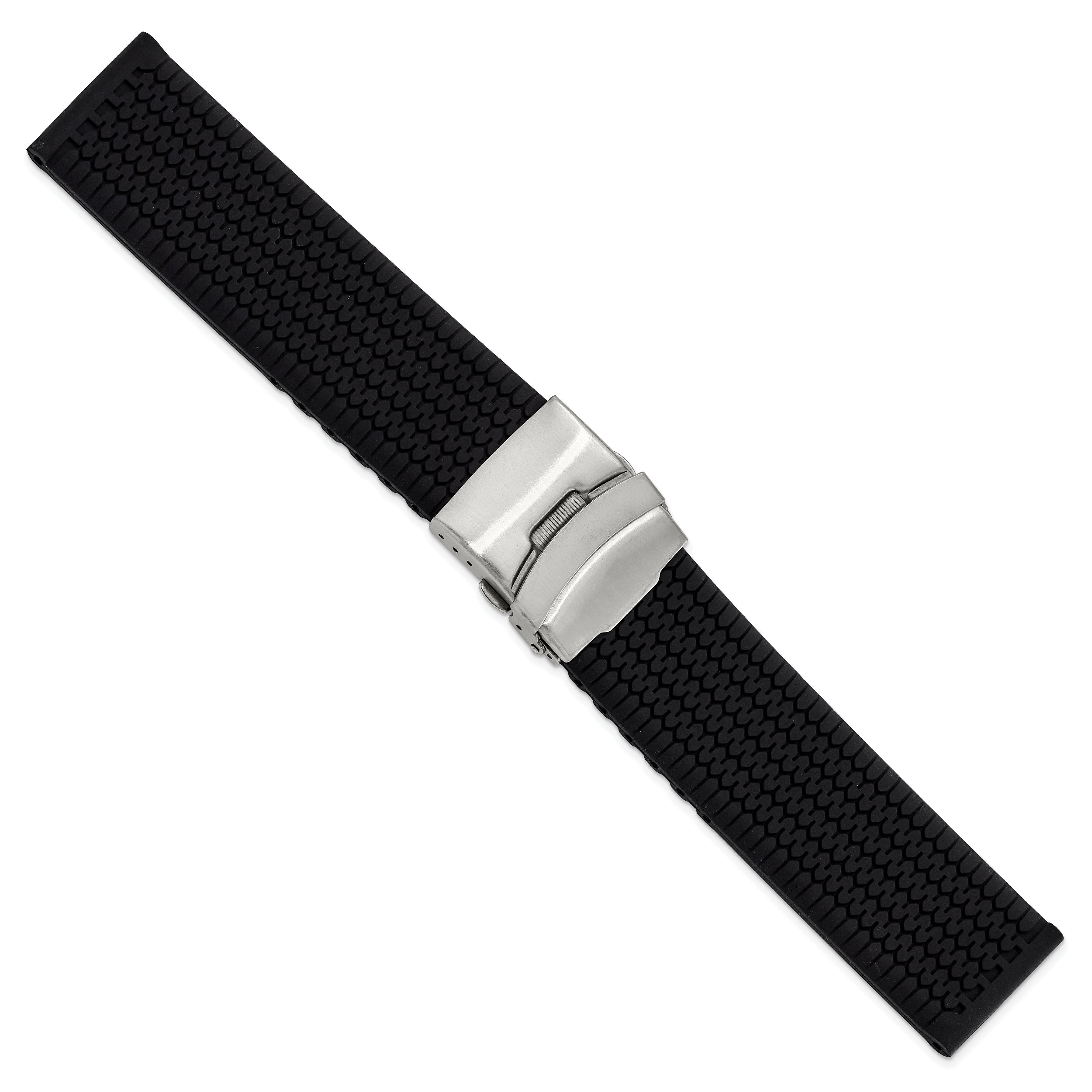 20mm Black Tread Design Silicone Rubber with Brushed Stainless Steel Deployment Buckle 7.25 inch Watch Band