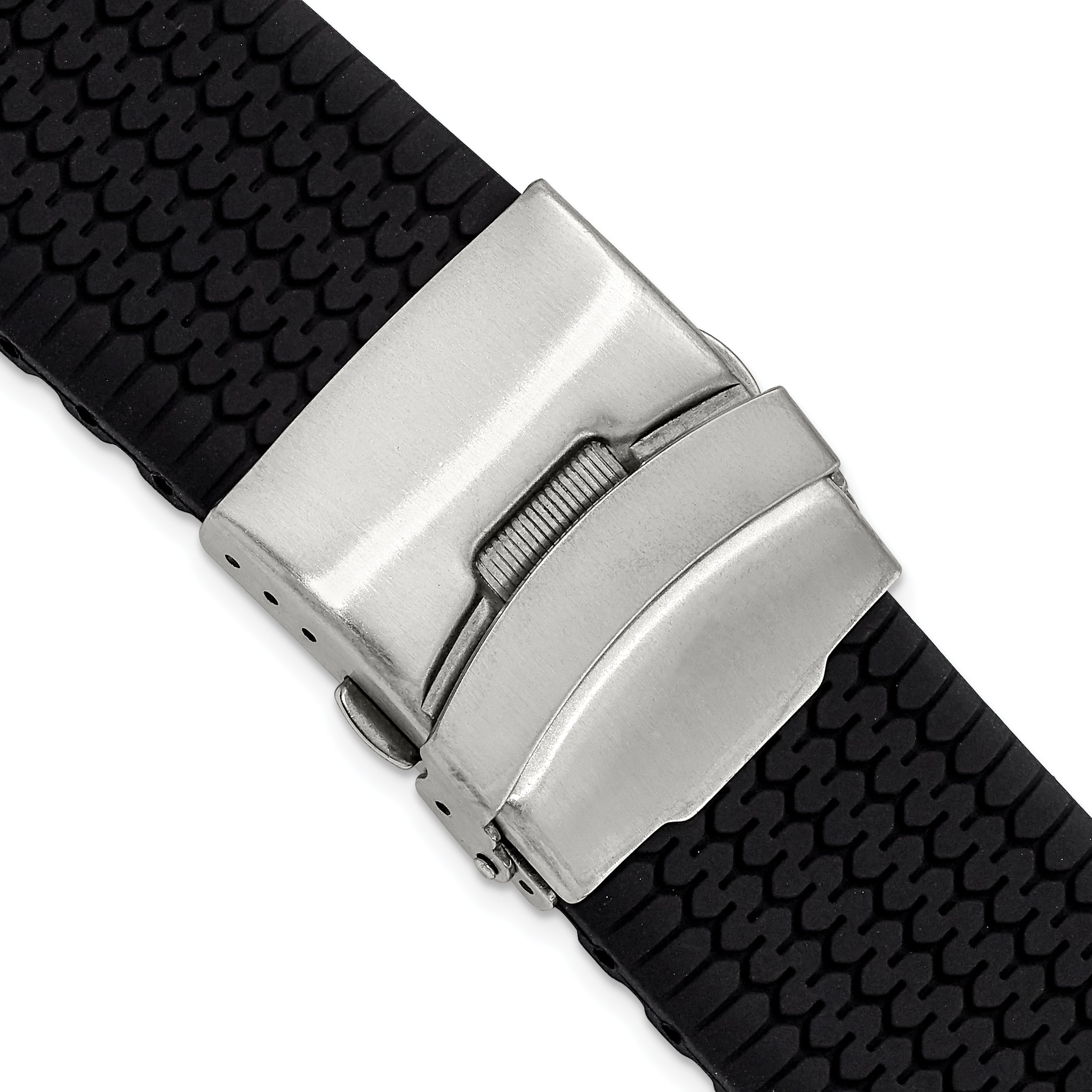 DeBeer 24mm Black Tread Design Silicone Rubber with Brushed Stainless Steel Deployment Buckle 7.25 inch Watch Band