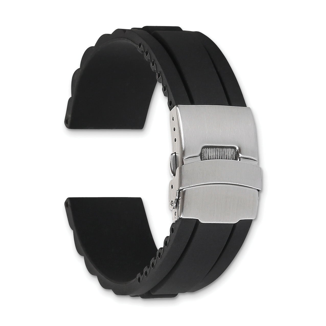 20mm Oyster Style Black Link Design Silicone Rubber with Brushed Stainless Steel Deployment Buckle 7.5 inch Watch Band