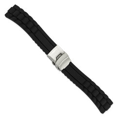 20mm Oyster Style Black Link Design Silicone Rubber with Brushed Stainless Steel Deployment Buckle 7.5 inch Watch Band