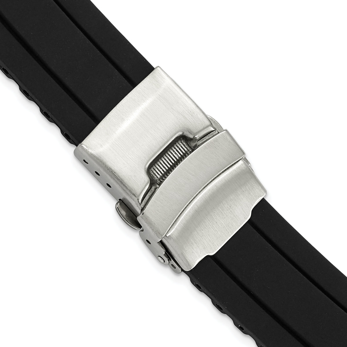 DeBeer 20mm Oyster Style Black Link Design Silicone Rubber with Brushed Stainless Steel Deployment Buckle 7.5 inch Watch Band