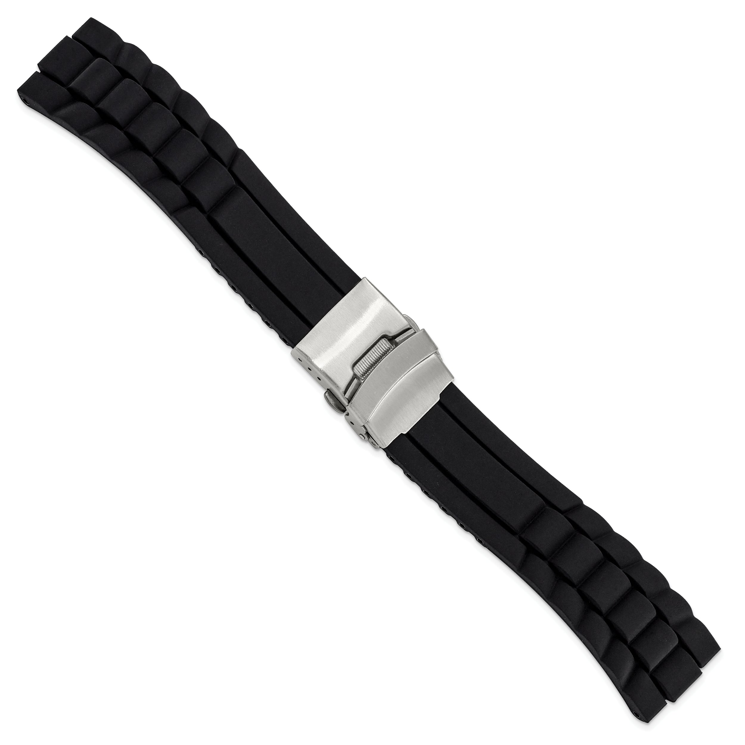 20mm Oyster Style Black Link Design Silicone Rubber with Brushed Stainless Steel Deployment Buckle 7.5 inch Watch Band