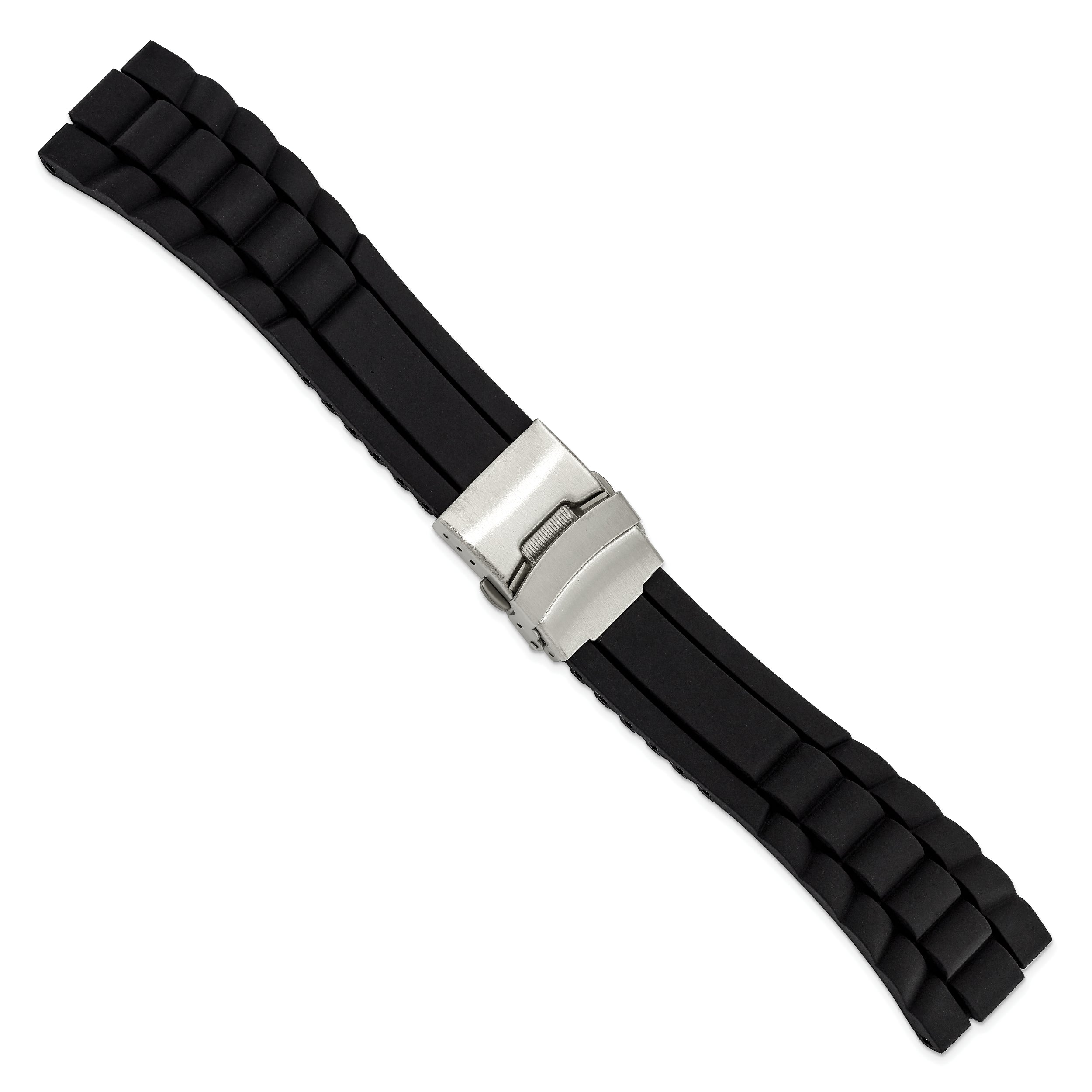 20mm Oyster Style Black Link Design Silicone Rubber with Brushed Stainless Steel Deployment Buckle 7.5 inch Watch Band