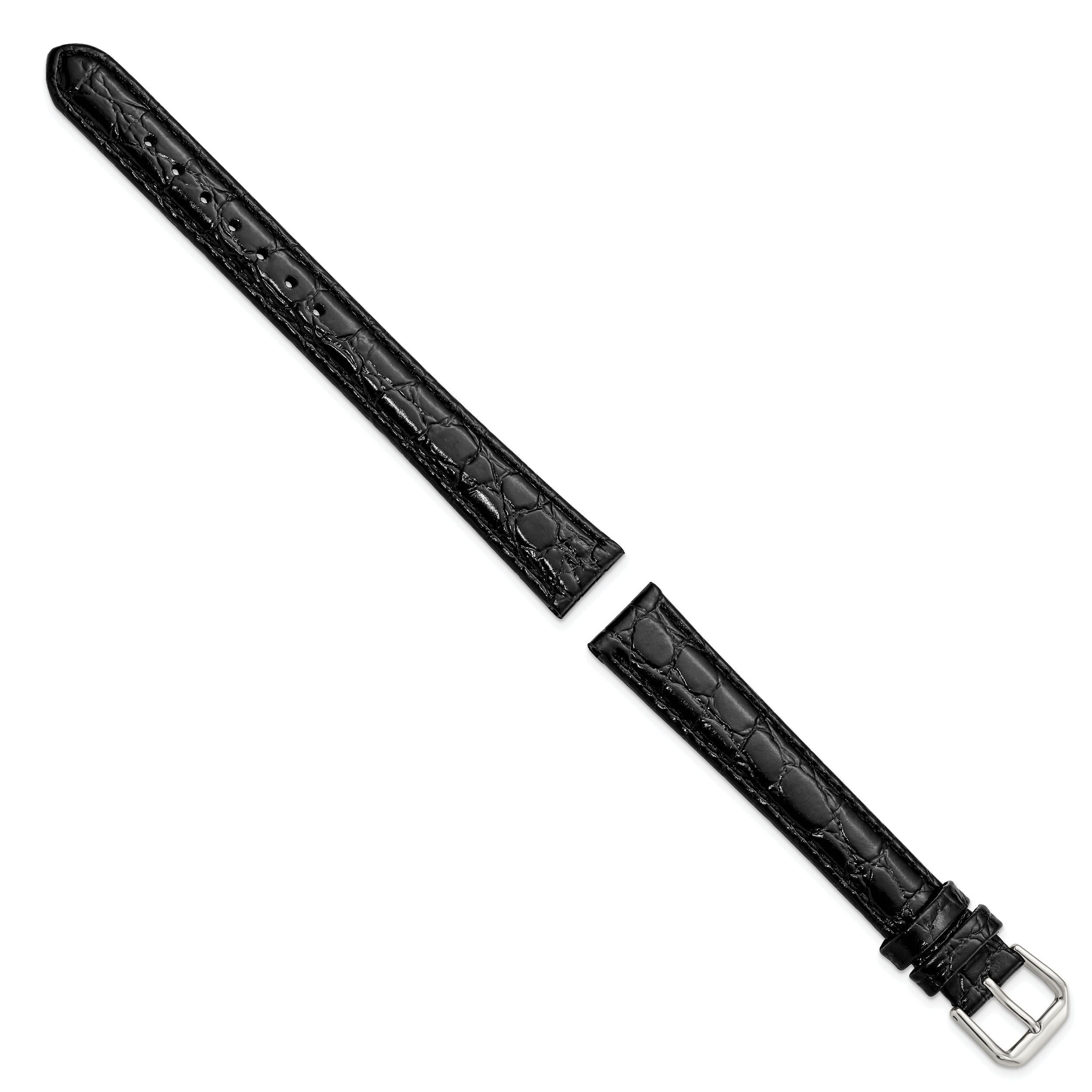 16mm Extra Long Black Alligator Grain Leather with Silver-tone Buckle 9.5 inch Watch Band