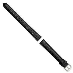 16mm Extra Long Black Alligator Grain Leather with Silver-tone Buckle 9.5 inch Watch Band