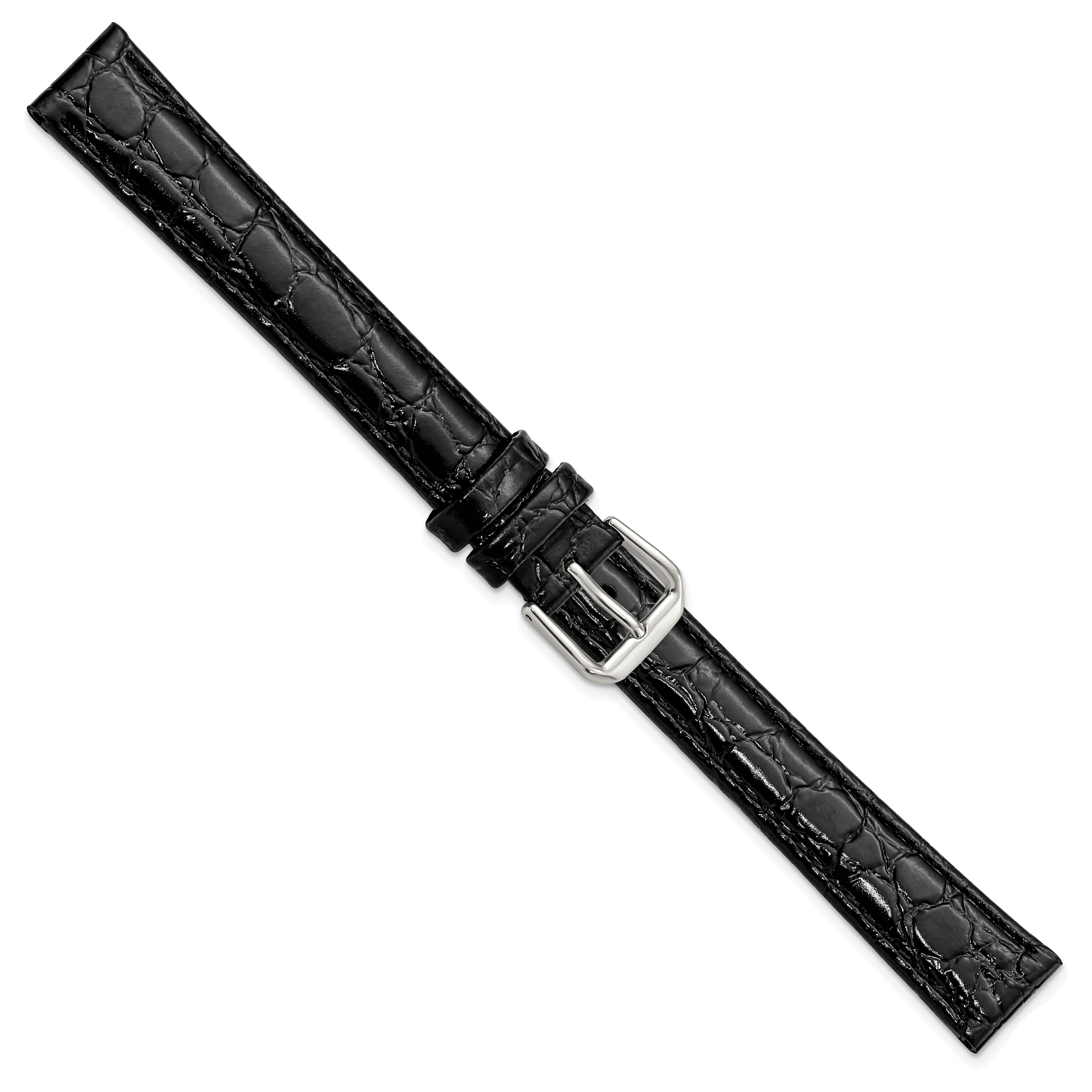 16mm Extra Long Black Alligator Grain Leather with Silver-tone Buckle 9.5 inch Watch Band