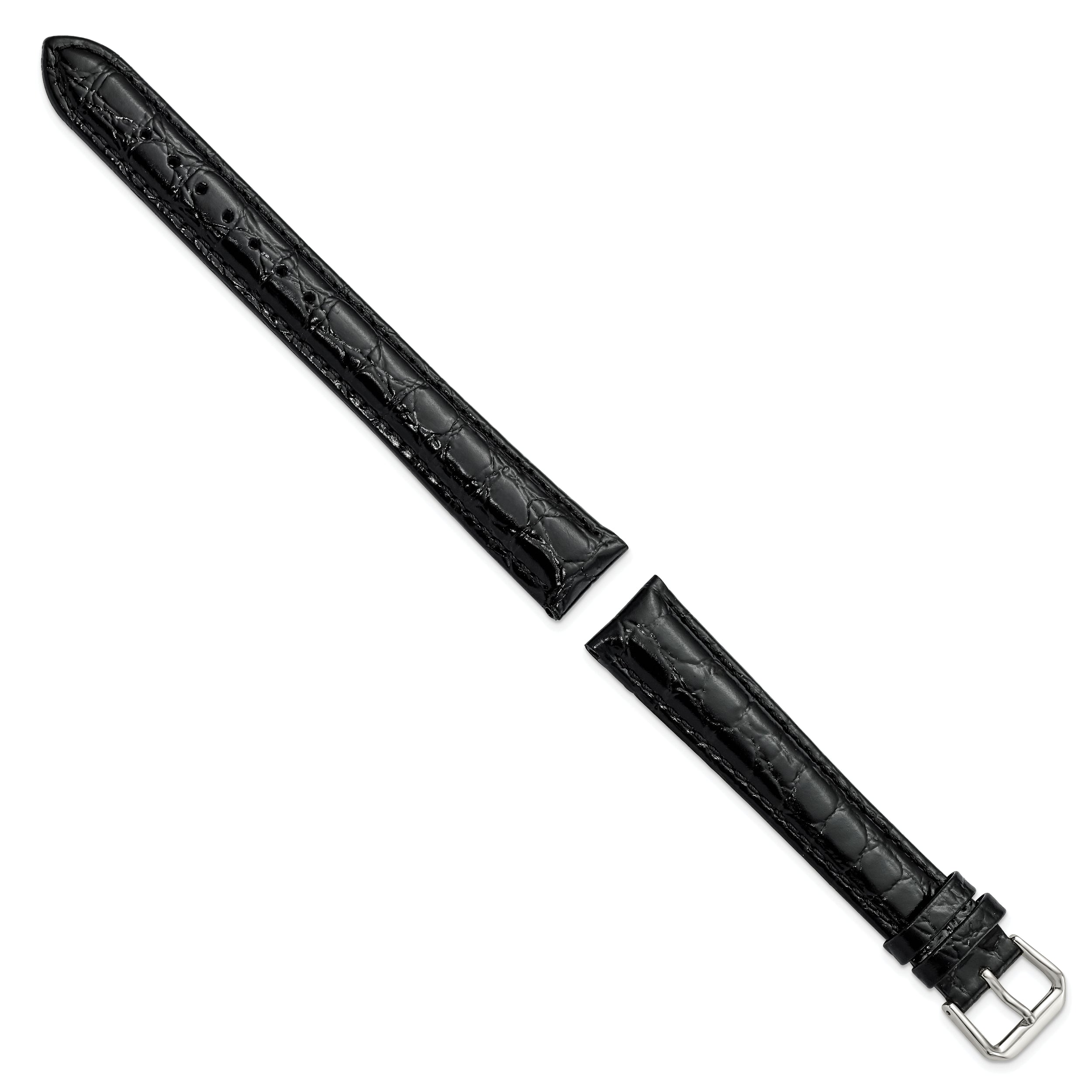 16mm Extra Long Black Alligator Grain Leather with Silver-tone Buckle 9.5 inch Watch Band