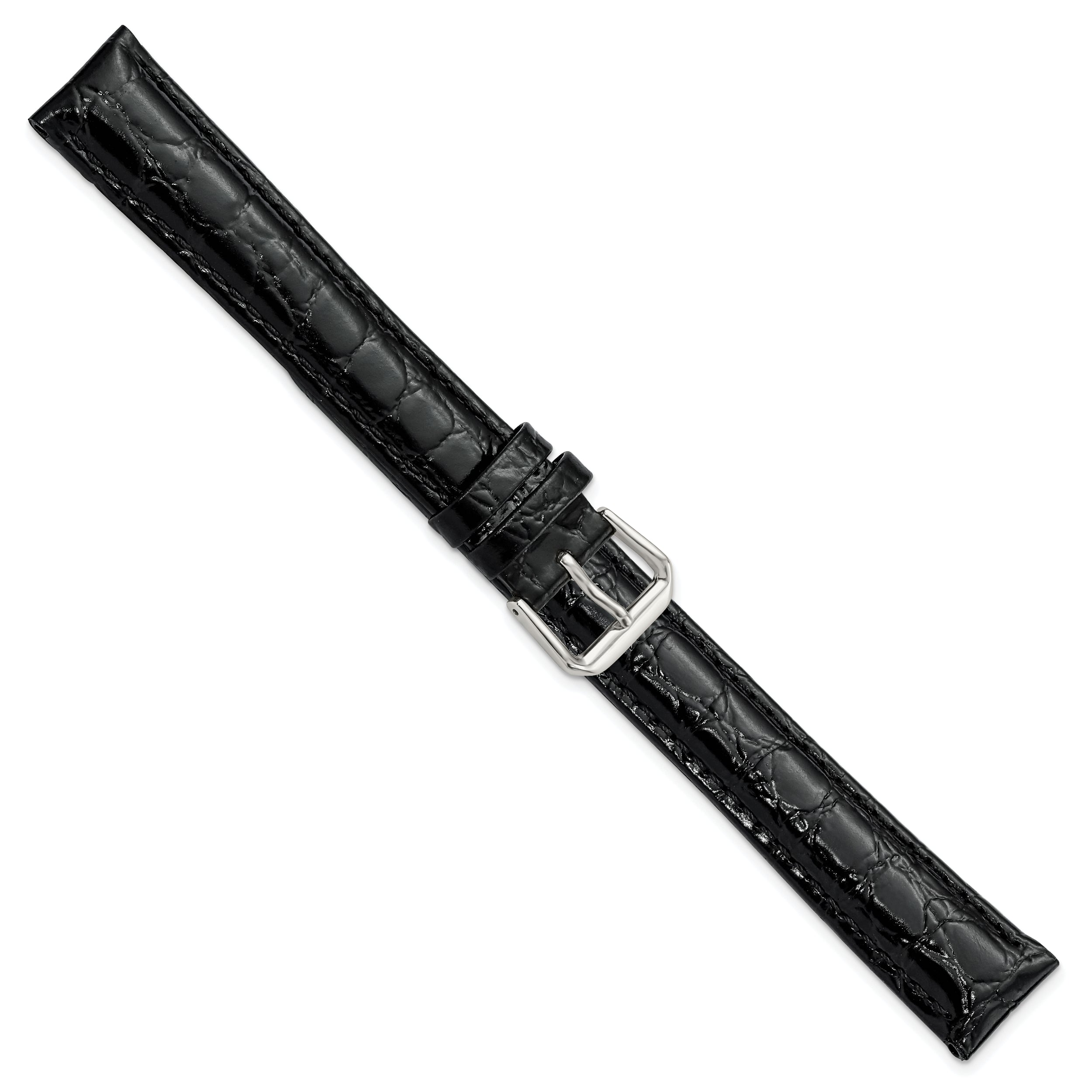 16mm Extra Long Black Alligator Grain Leather with Silver-tone Buckle 9.5 inch Watch Band