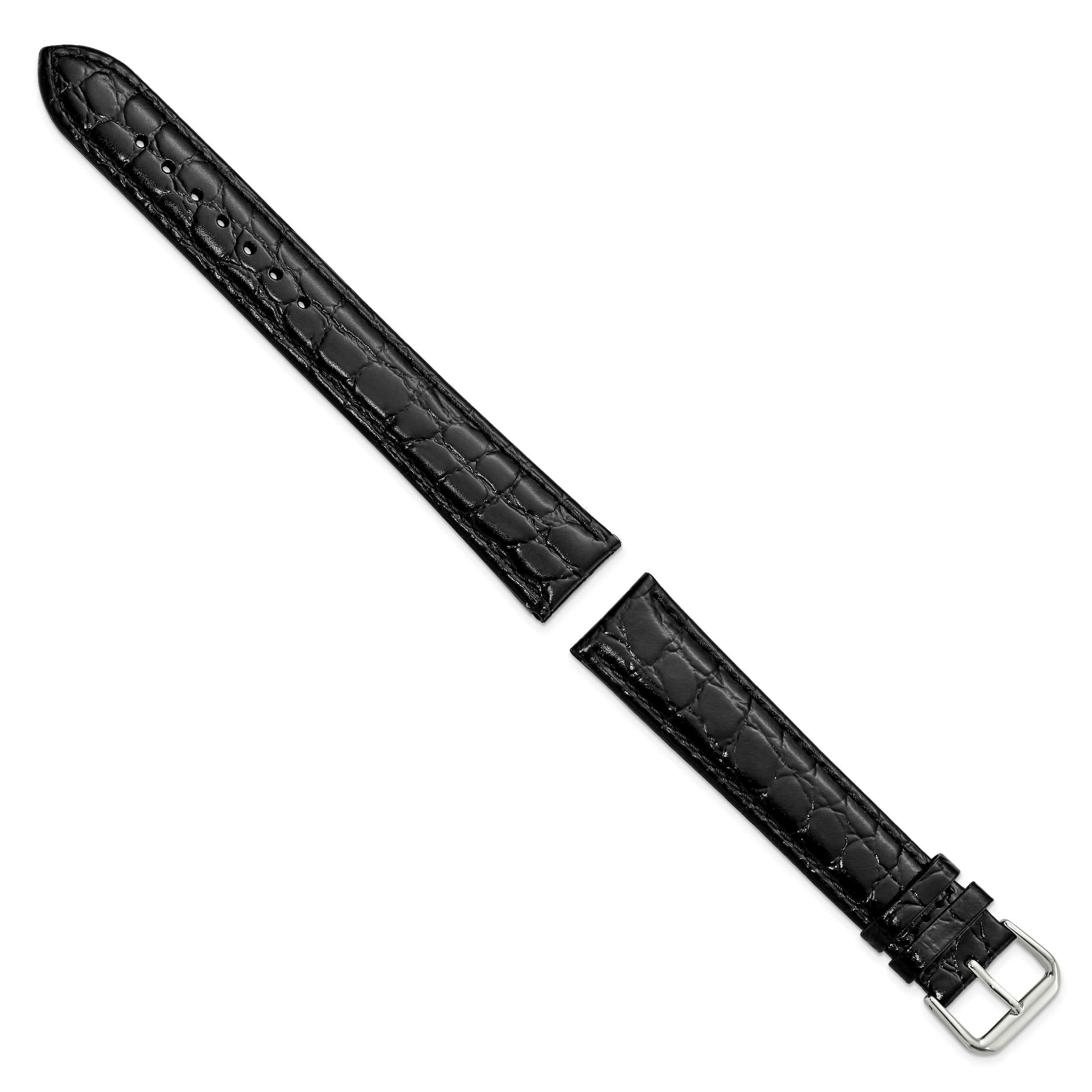 16mm Extra Long Black Alligator Grain Leather with Silver-tone Buckle 9.5 inch Watch Band