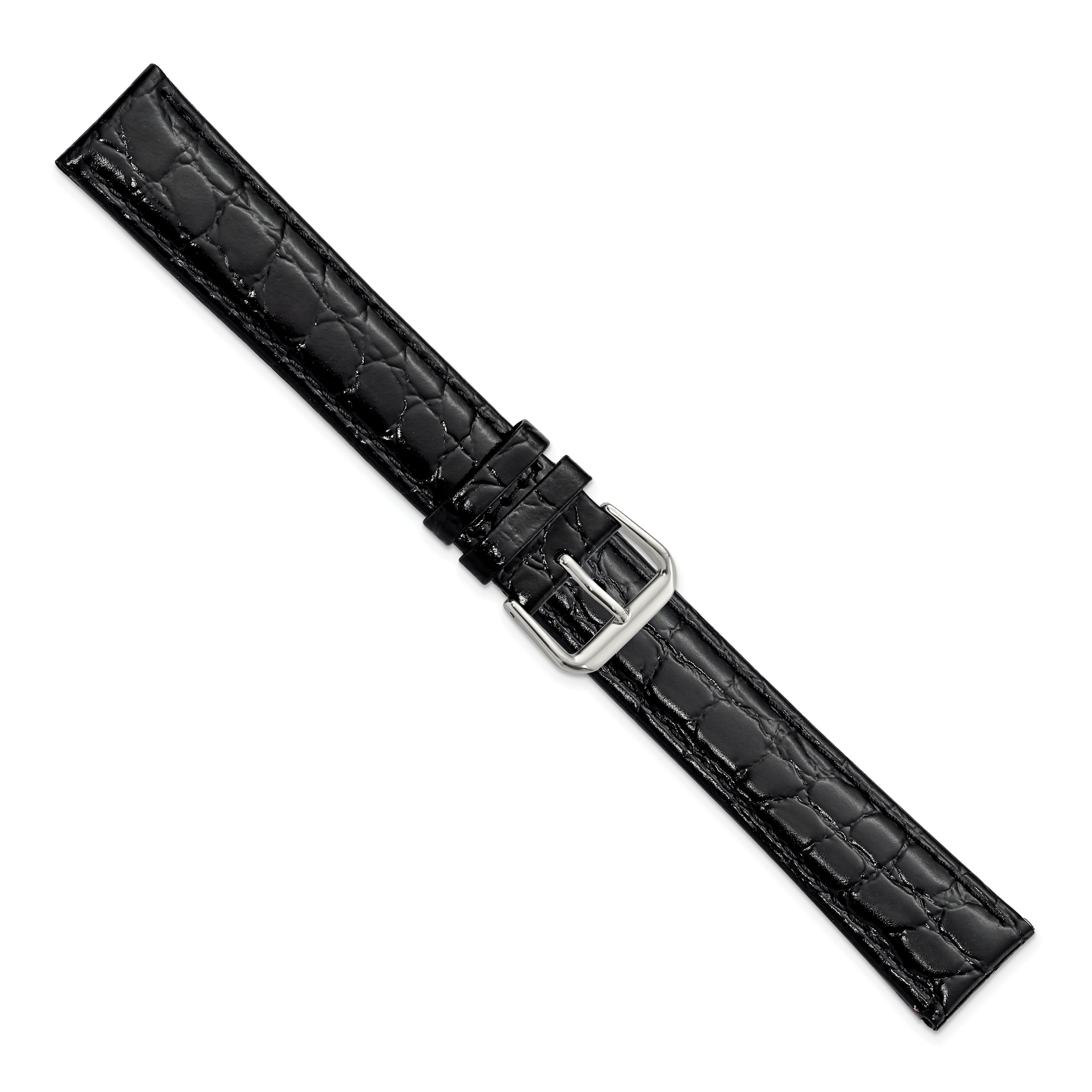 16mm Extra Long Black Alligator Grain Leather with Silver-tone Buckle 9.5 inch Watch Band