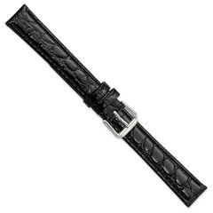 16mm Long Black Alligator Grain Leather with Silver-tone Buckle 8.5 inch Watch Band