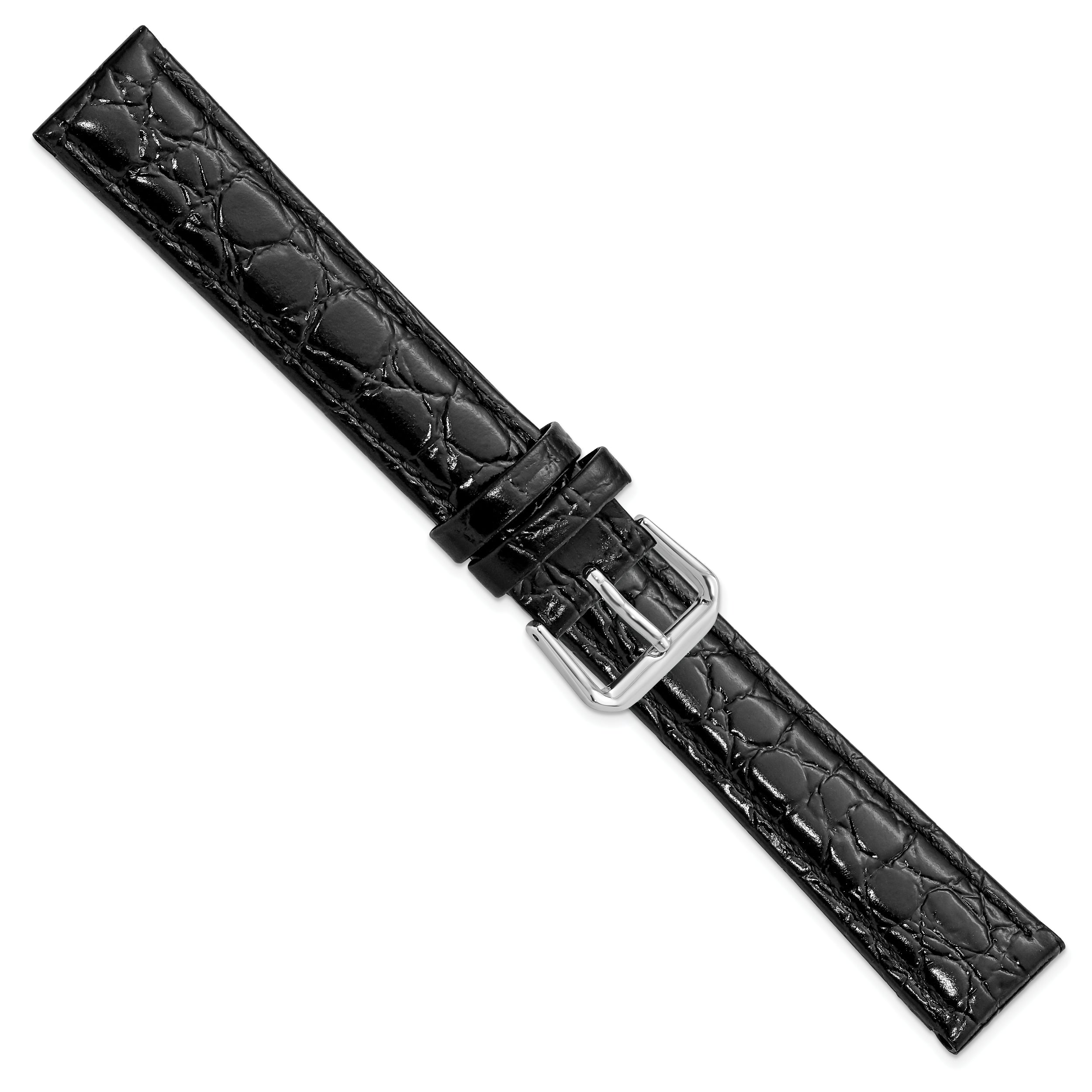 16mm Long Black Alligator Grain Leather with Silver-tone Buckle 8.5 inch Watch Band