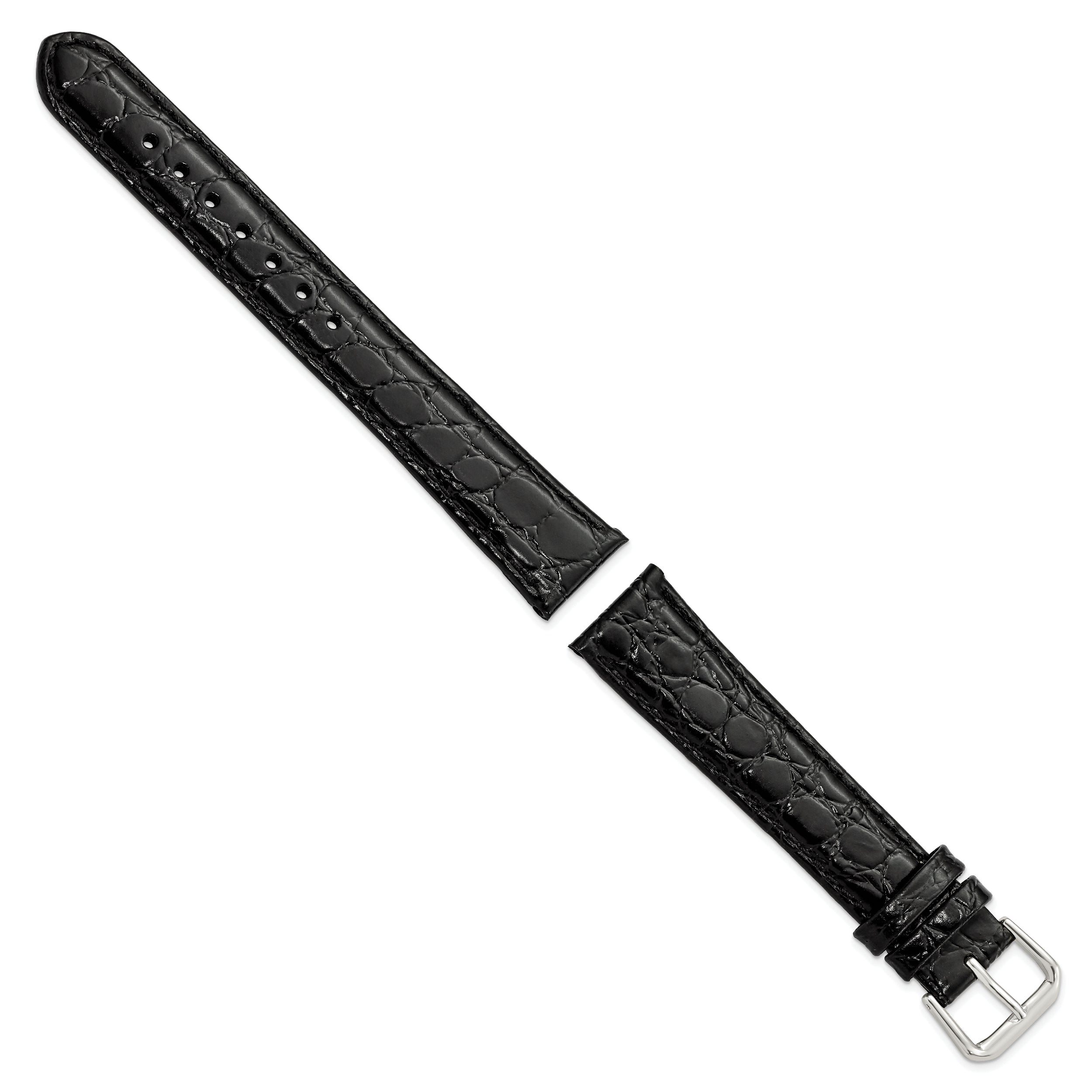 16mm Long Black Alligator Grain Leather with Silver-tone Buckle 8.5 inch Watch Band