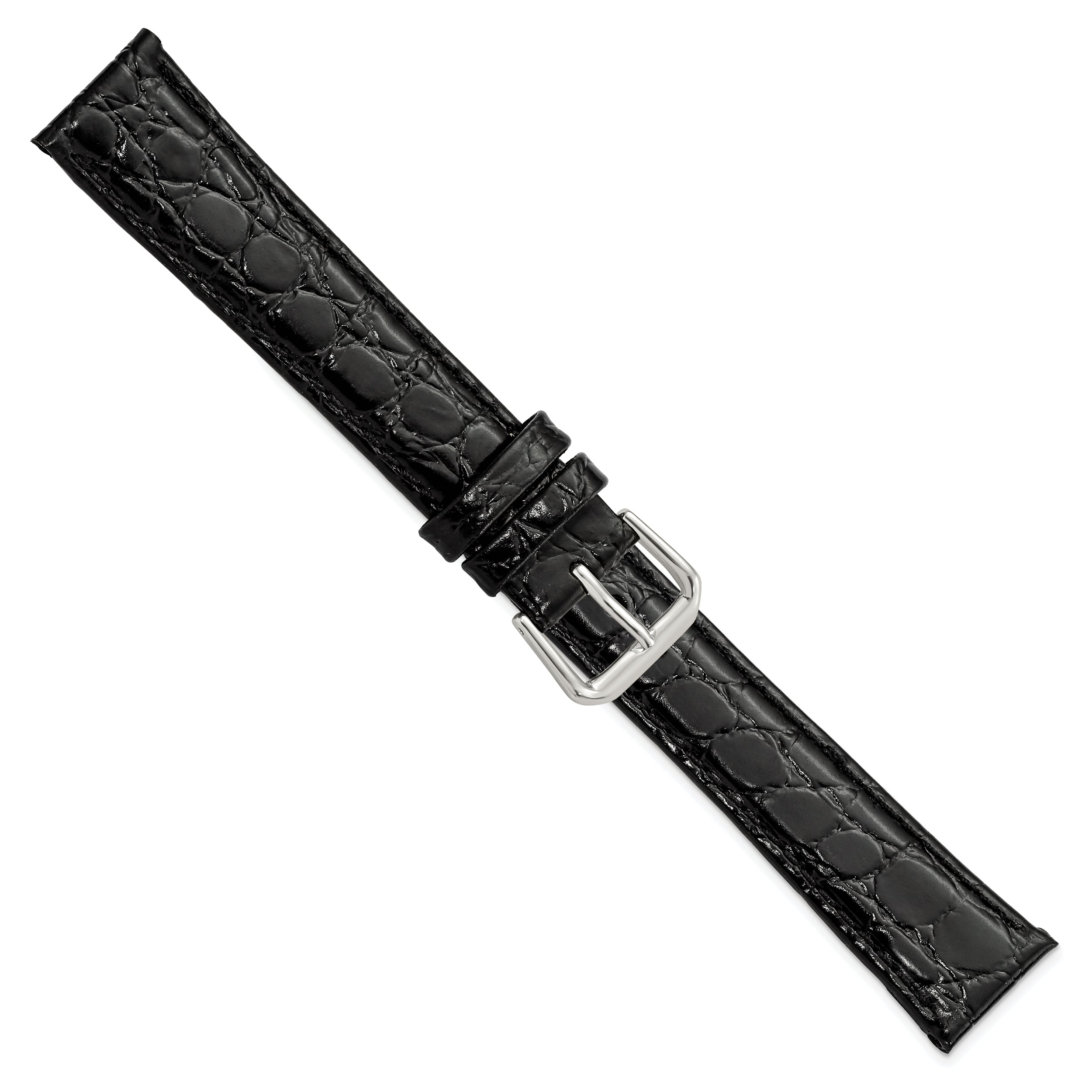 16mm Long Black Alligator Grain Leather with Silver-tone Buckle 8.5 inch Watch Band