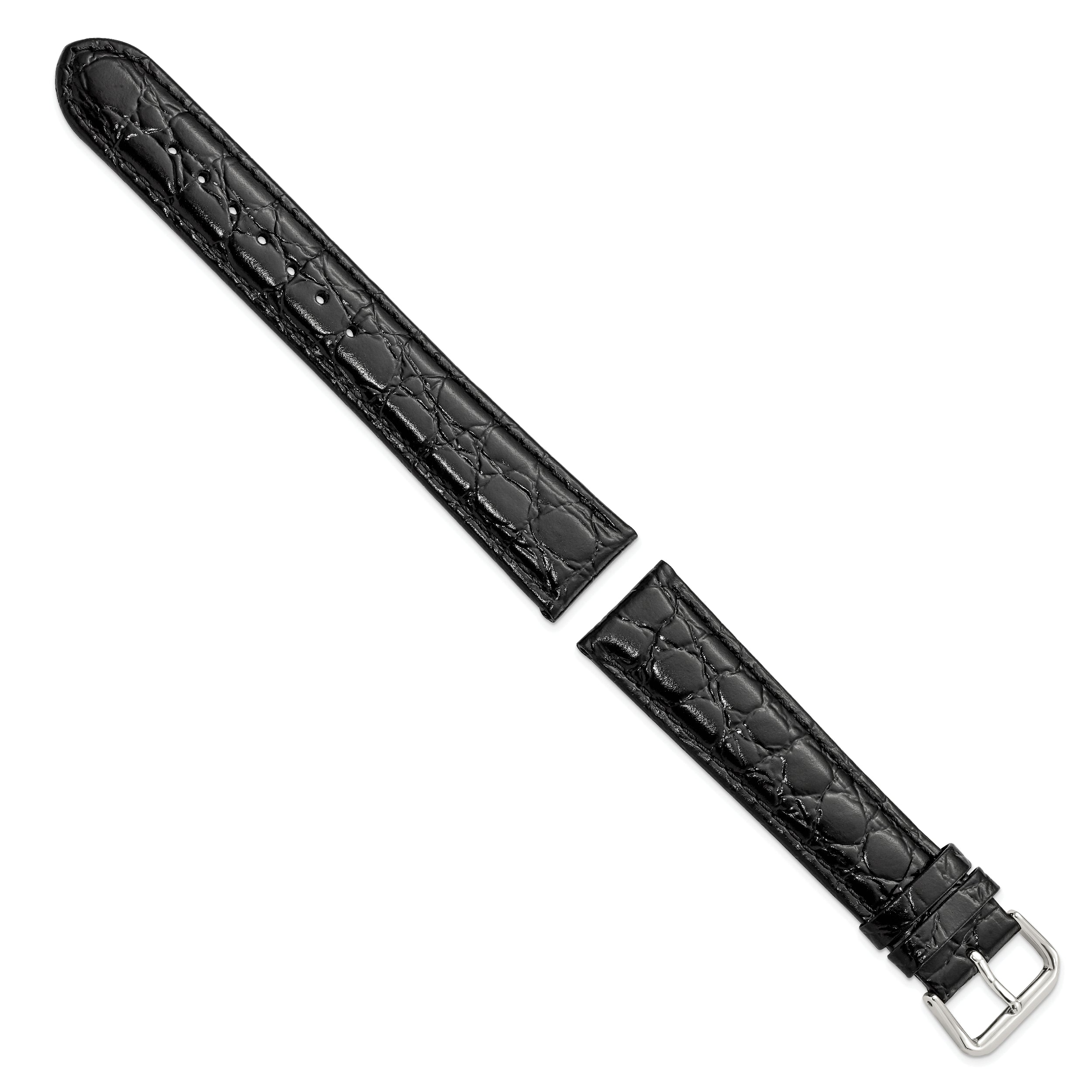 16mm Long Black Alligator Grain Leather with Silver-tone Buckle 8.5 inch Watch Band