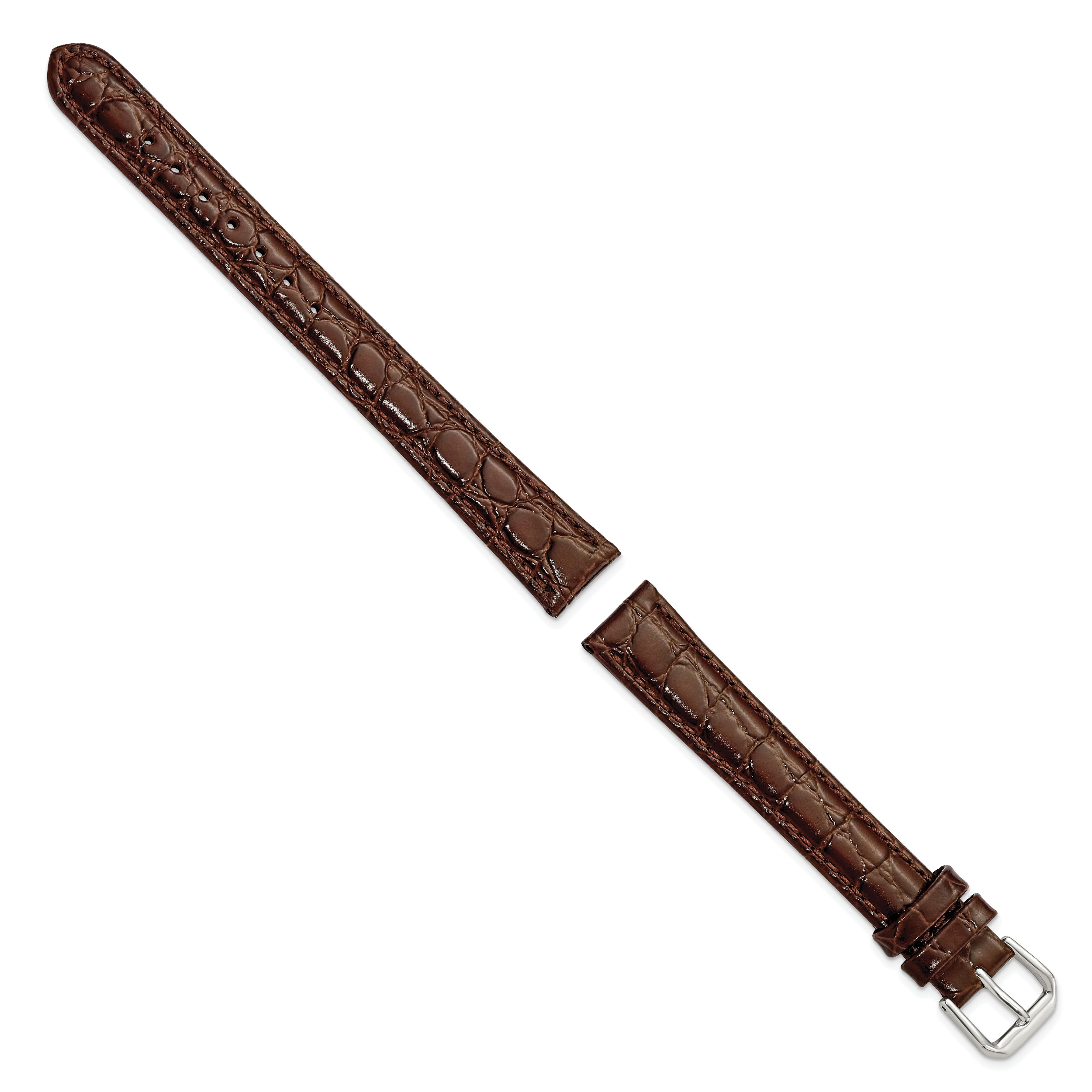 16mm Extra Long Brown Alligator Grain Leather with Silver-tone Buckle 9.5 inch Watch Band