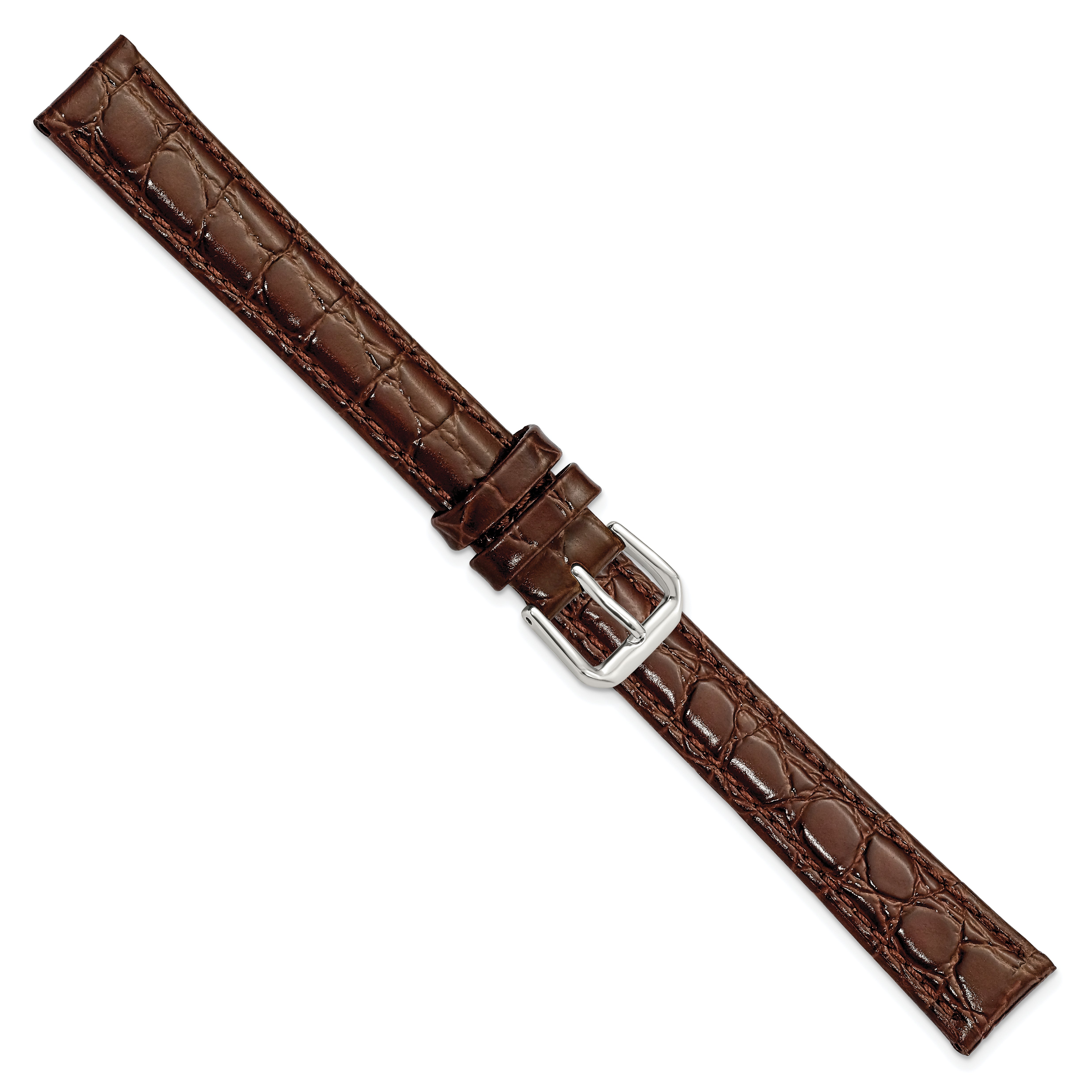 16mm Extra Long Brown Alligator Grain Leather with Silver-tone Buckle 9.5 inch Watch Band