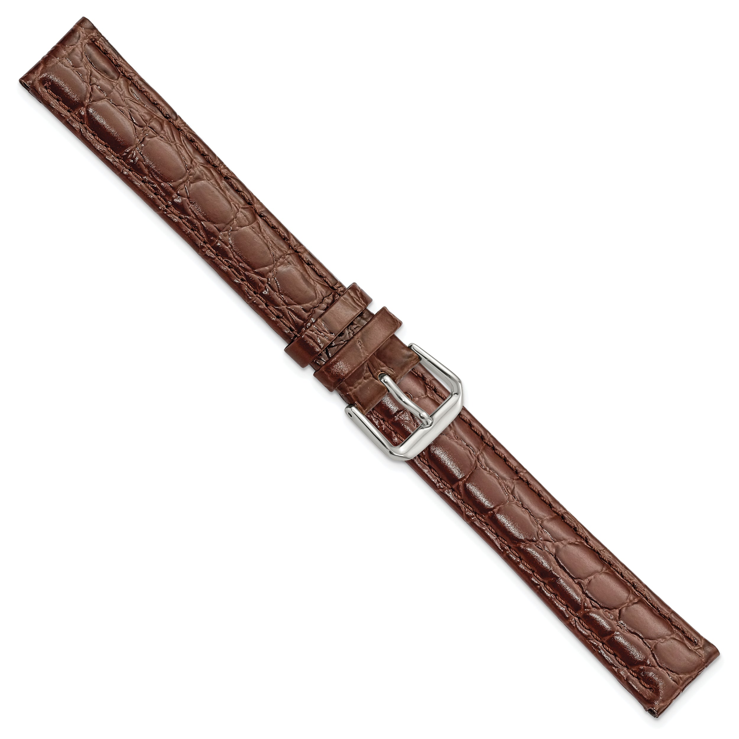 16mm Extra Long Brown Alligator Grain Leather with Silver-tone Buckle 9.5 inch Watch Band