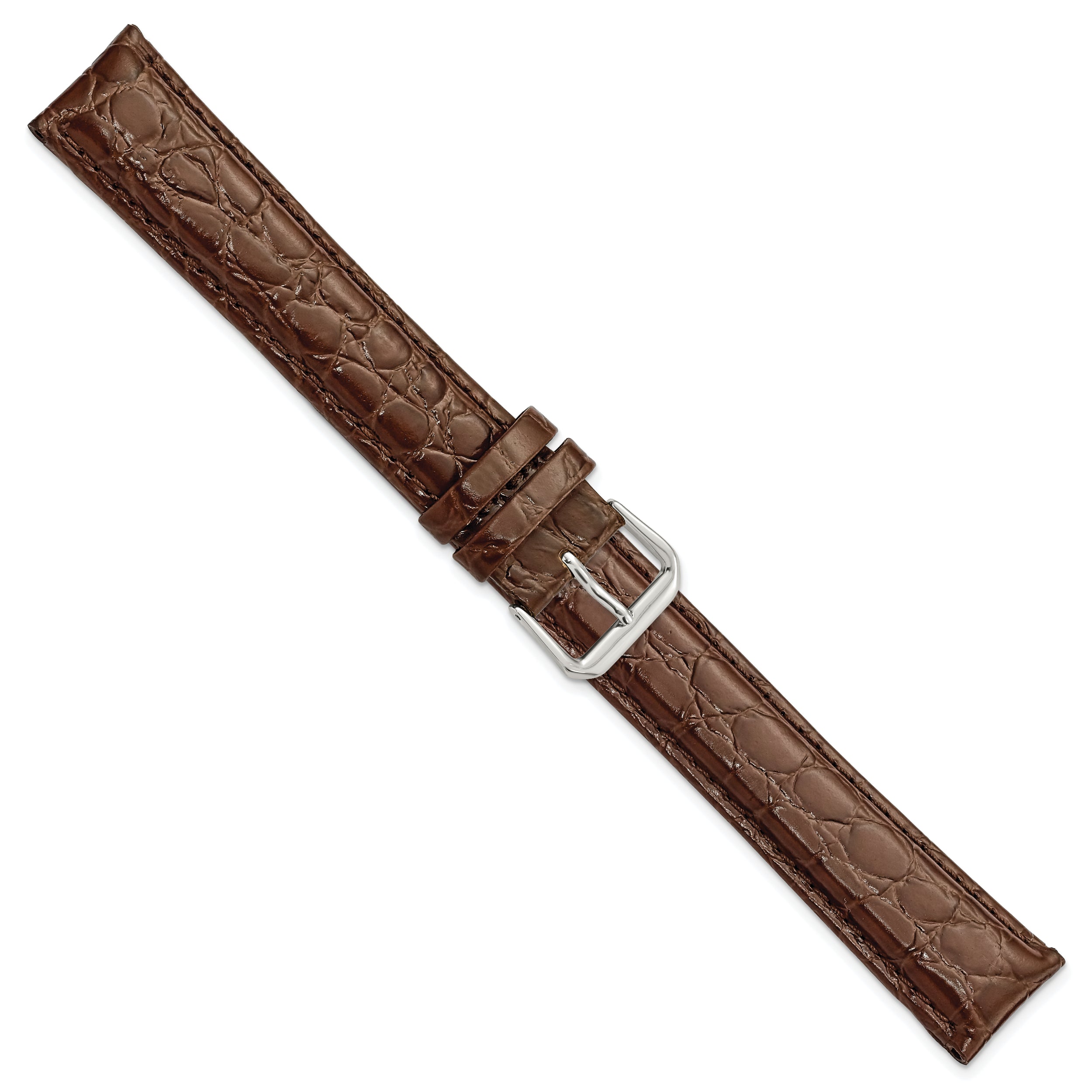 16mm Extra Long Brown Alligator Grain Leather with Silver-tone Buckle 9.5 inch Watch Band