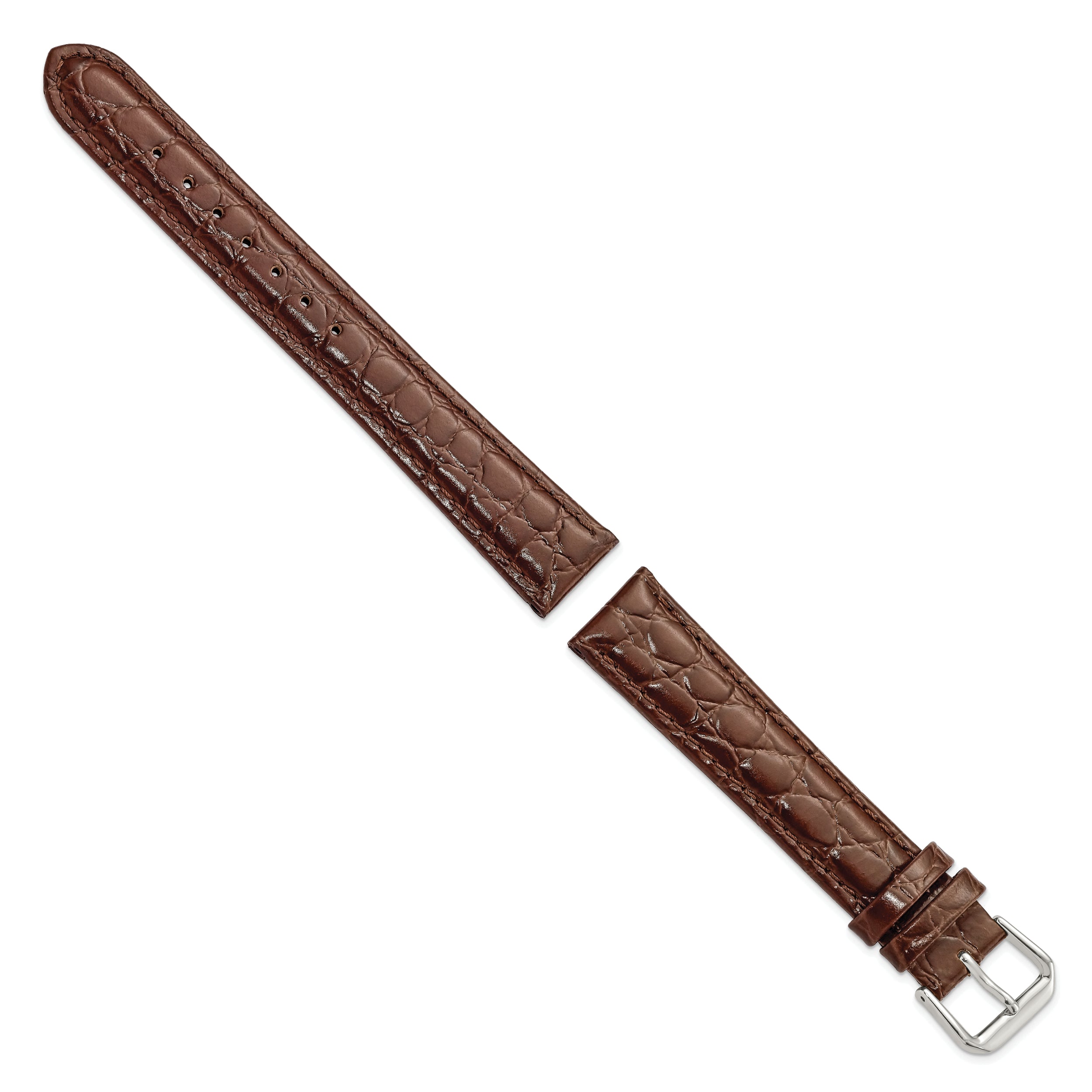 16mm Long Brown Alligator Grain Leather with Silver-tone Buckle 8.5 inch Watch Band