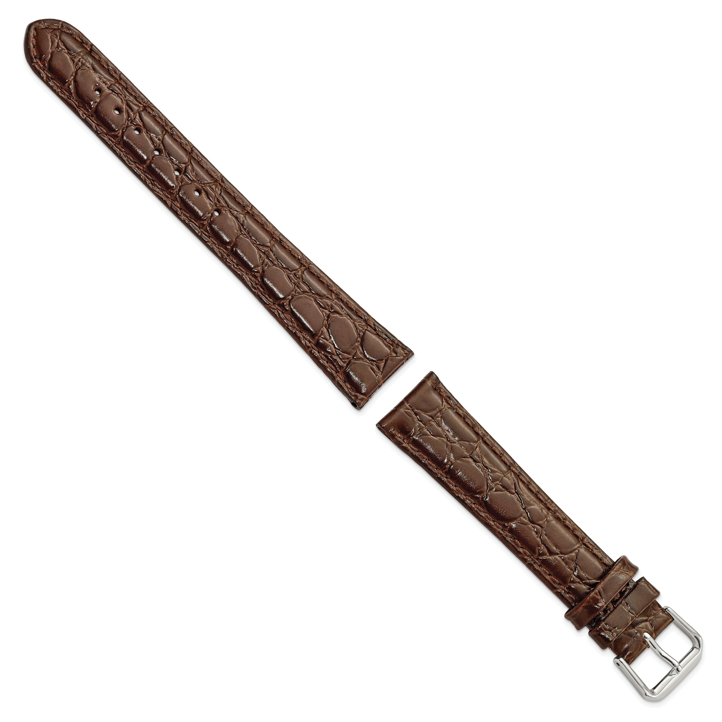 16mm Long Brown Alligator Grain Leather with Silver-tone Buckle 8.5 inch Watch Band