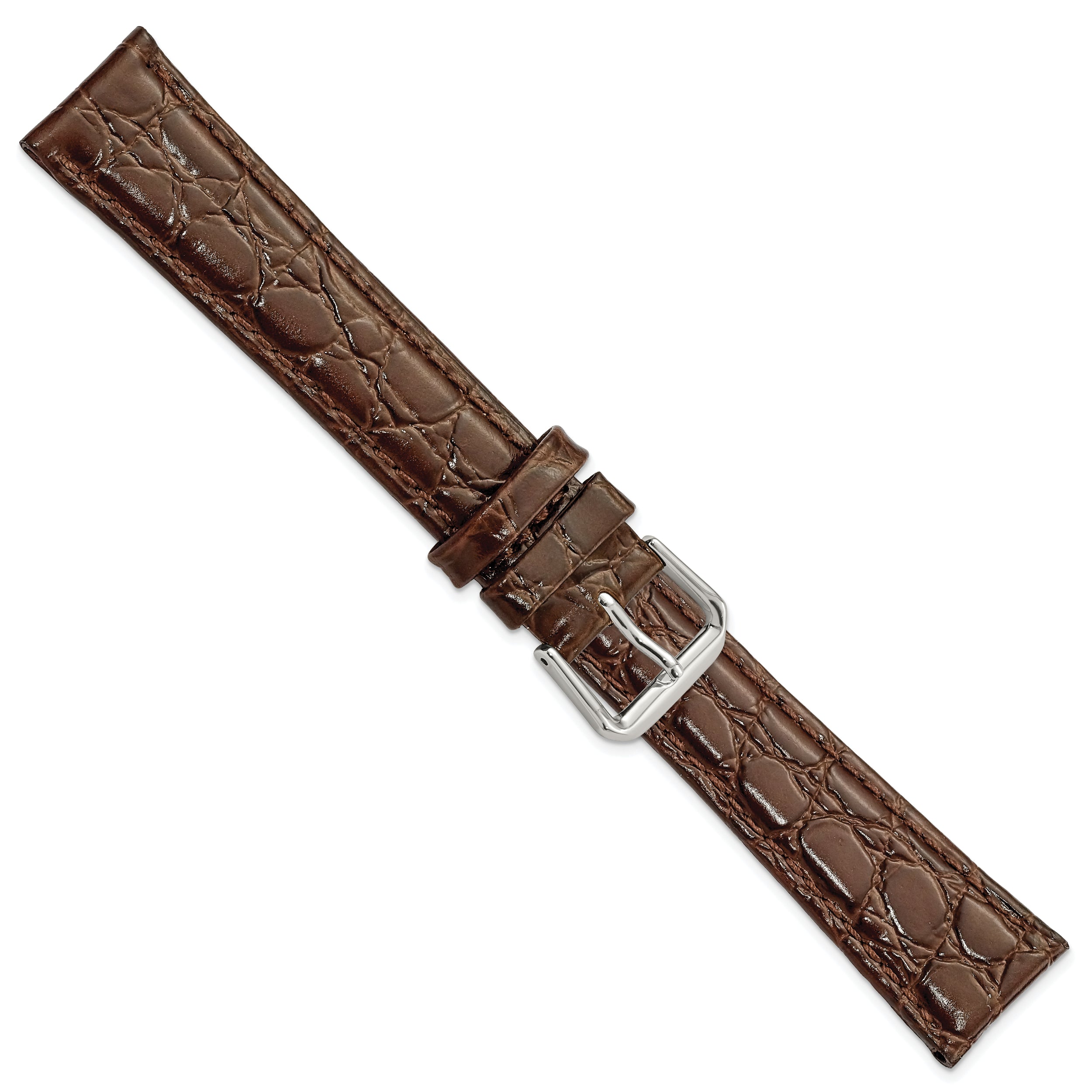 16mm Long Brown Alligator Grain Leather with Silver-tone Buckle 8.5 inch Watch Band