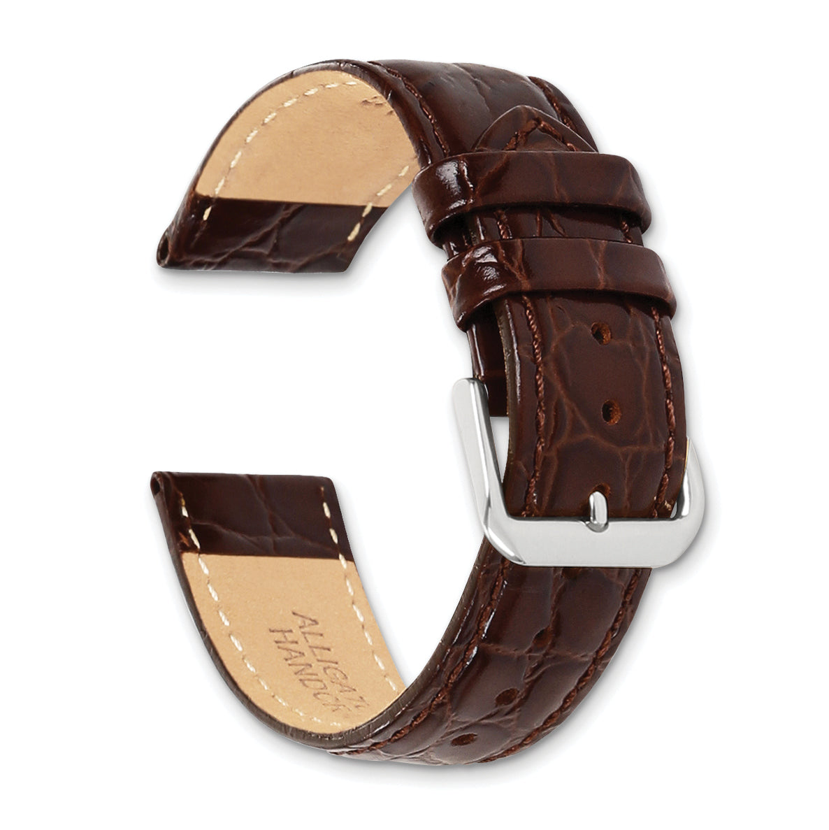 16mm Extra Long Brown Alligator Grain Leather with Silver-tone Buckle 9.5 inch Watch Band