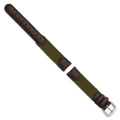 16mm Olive Army Style Nylon and Brown Leather with Stainless Steel Buckle 7.75 inch Watch Band