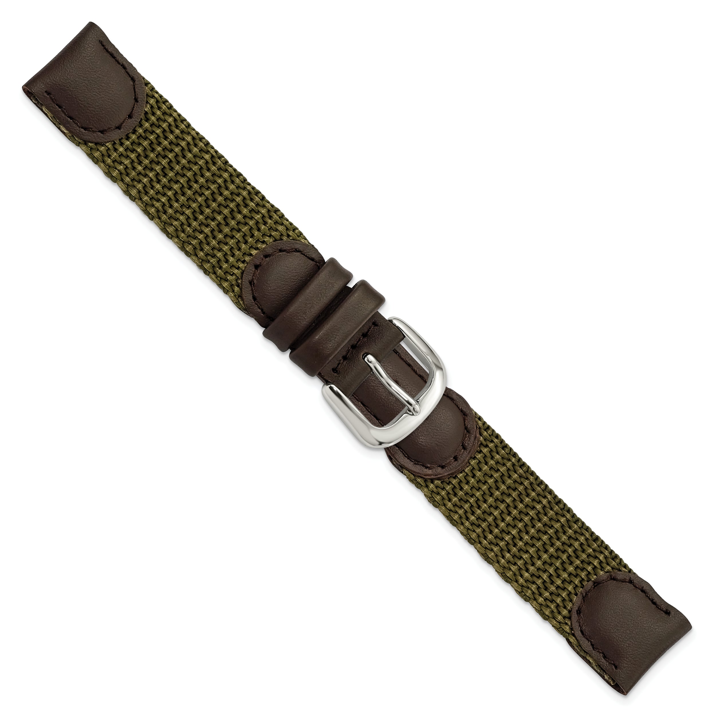 16mm Olive Army Style Nylon and Brown Leather with Stainless Steel Buckle 7.75 inch Watch Band