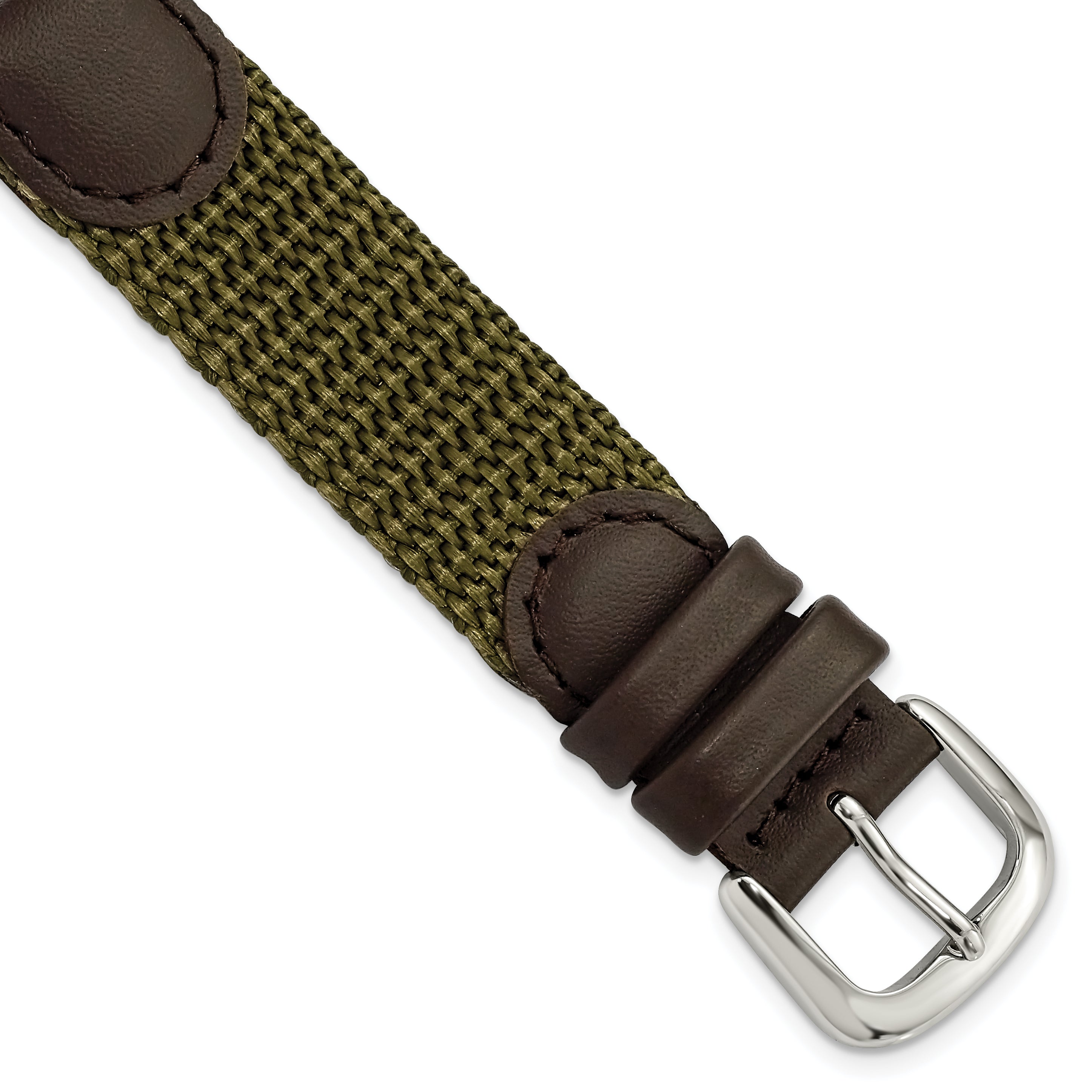 DeBeer 16mm Olive Army Style Nylon and Brown Leather with Stainless Steel Buckle 7.75 inch Watch Band