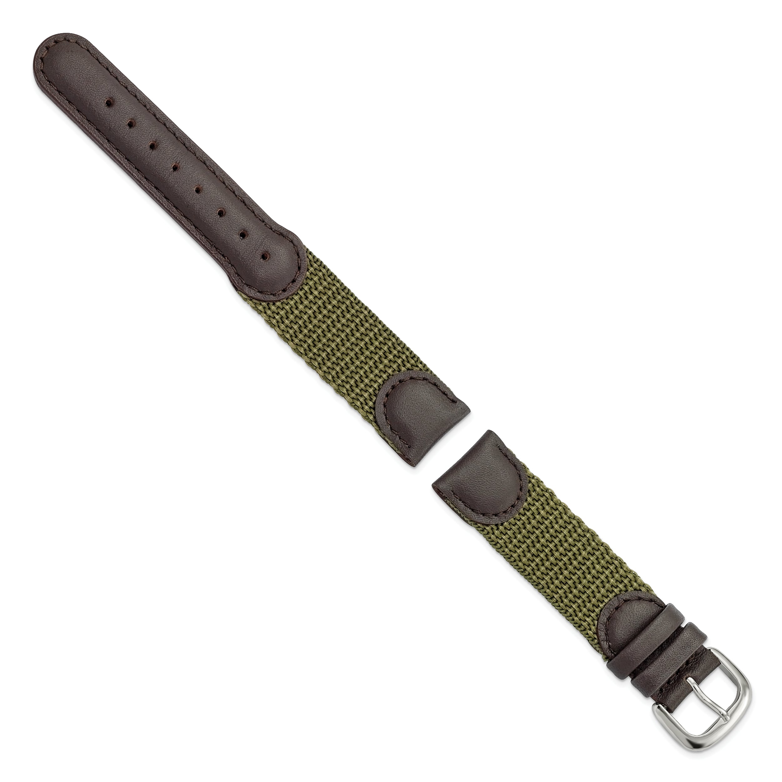 16mm Olive Army Style Nylon and Brown Leather with Stainless Steel Buckle 7.75 inch Watch Band