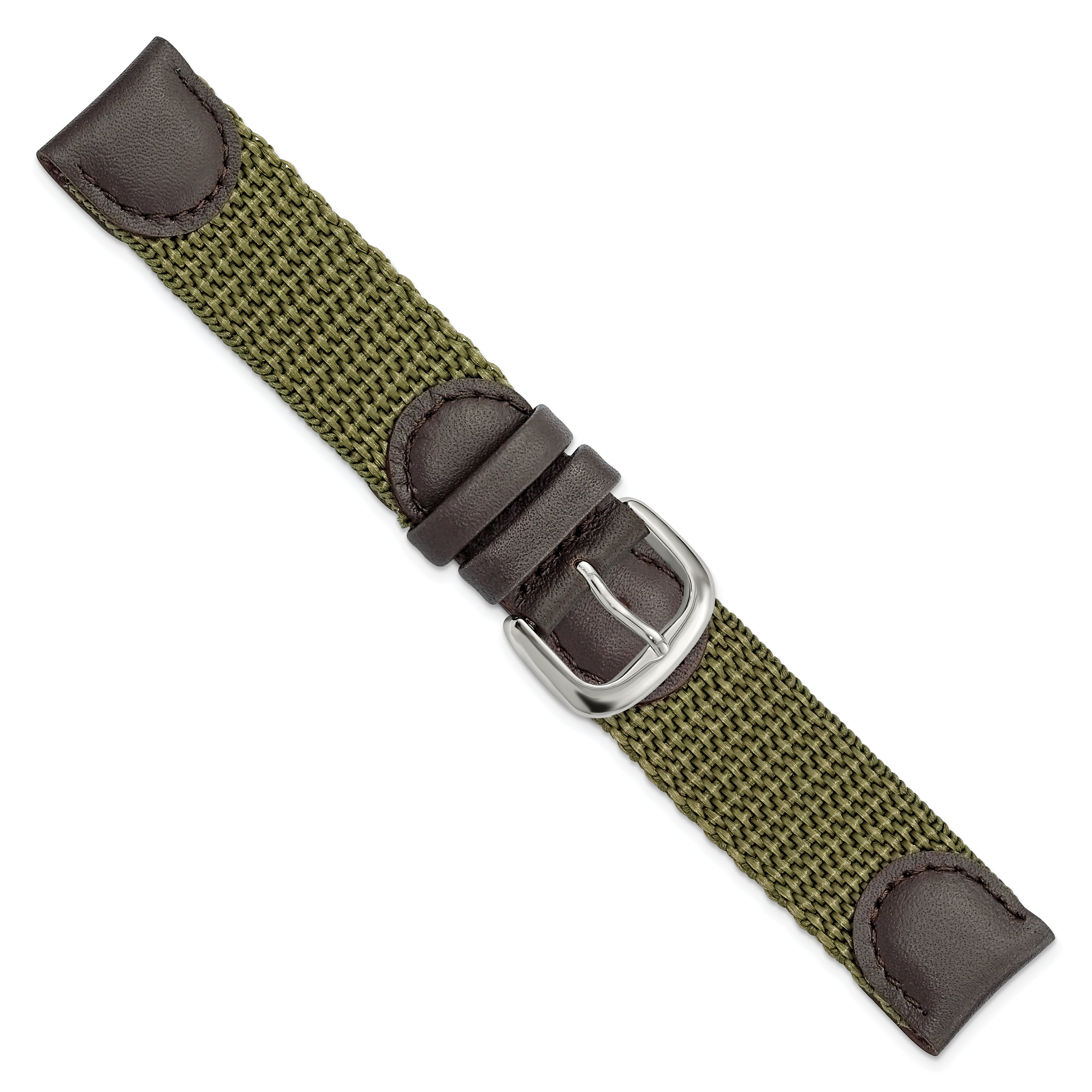 16mm Olive Army Style Nylon and Brown Leather with Stainless Steel Buckle 7.75 inch Watch Band