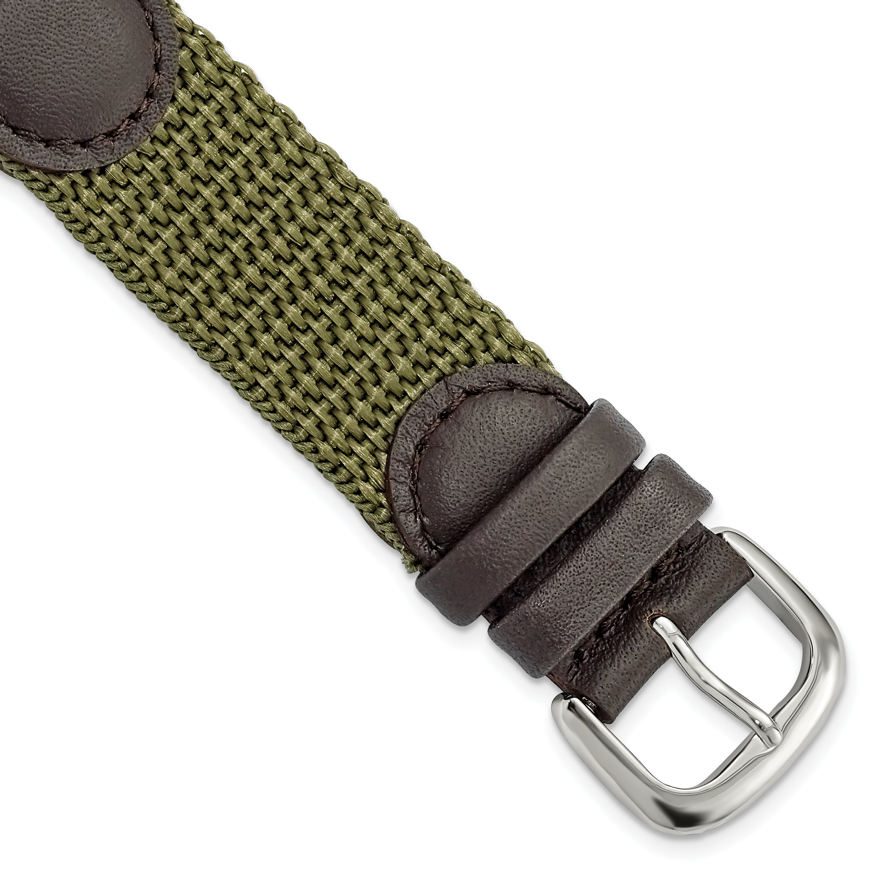 DeBeer 18mm Olive Army Style Nylon and Brown Leather with Stainless Steel Buckle 7.75 inch Watch Band