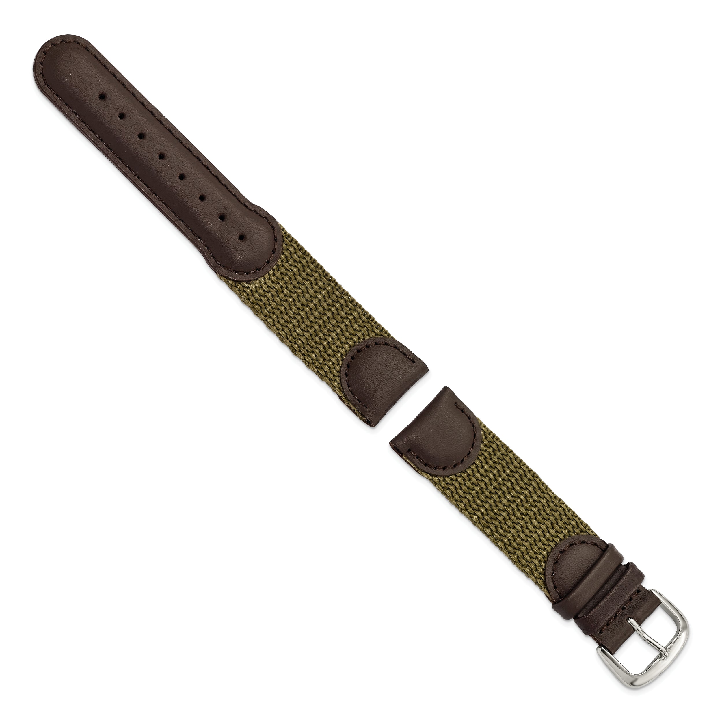 16mm Olive Army Style Nylon and Brown Leather with Stainless Steel Buckle 7.75 inch Watch Band