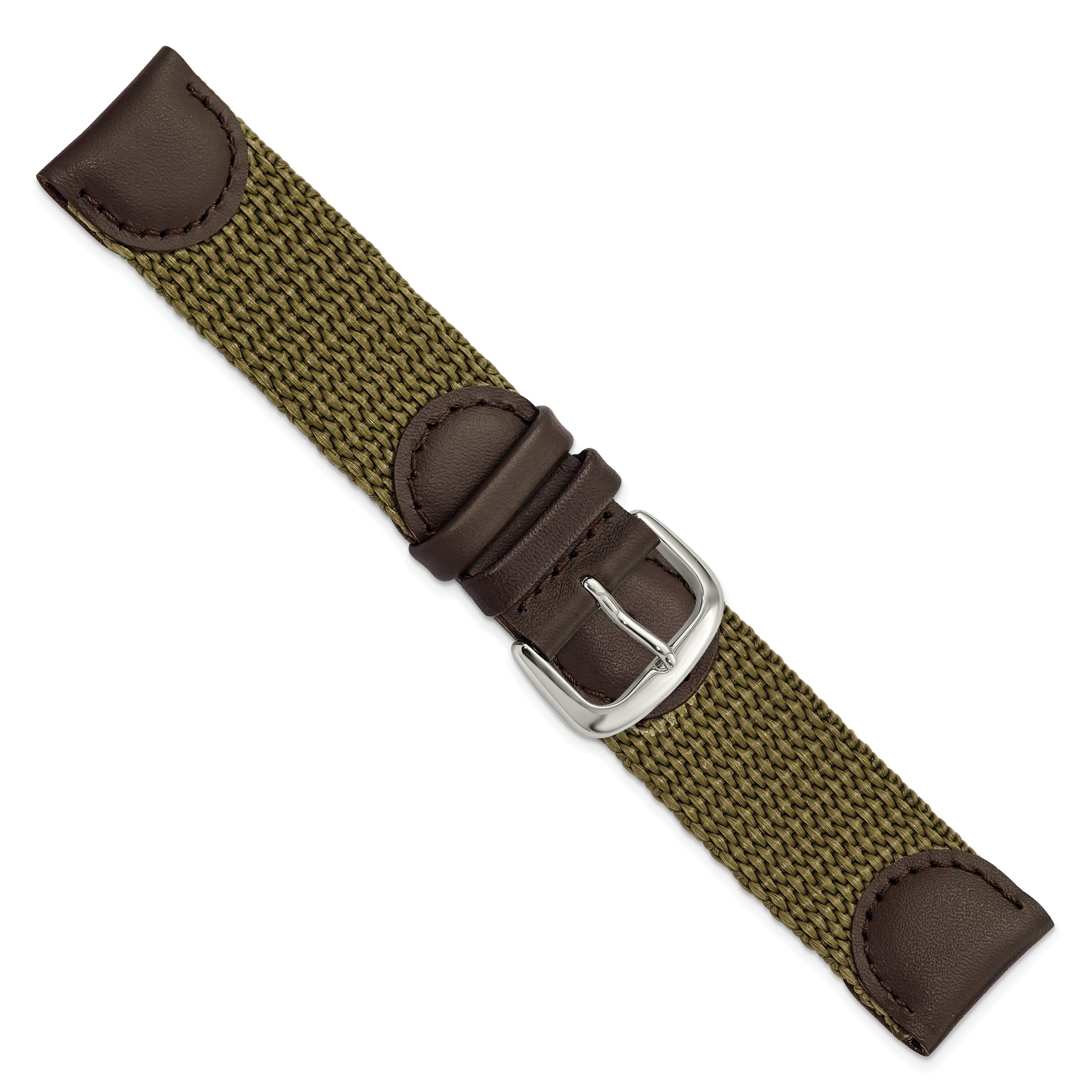 16mm Olive Army Style Nylon and Brown Leather with Stainless Steel Buckle 7.75 inch Watch Band