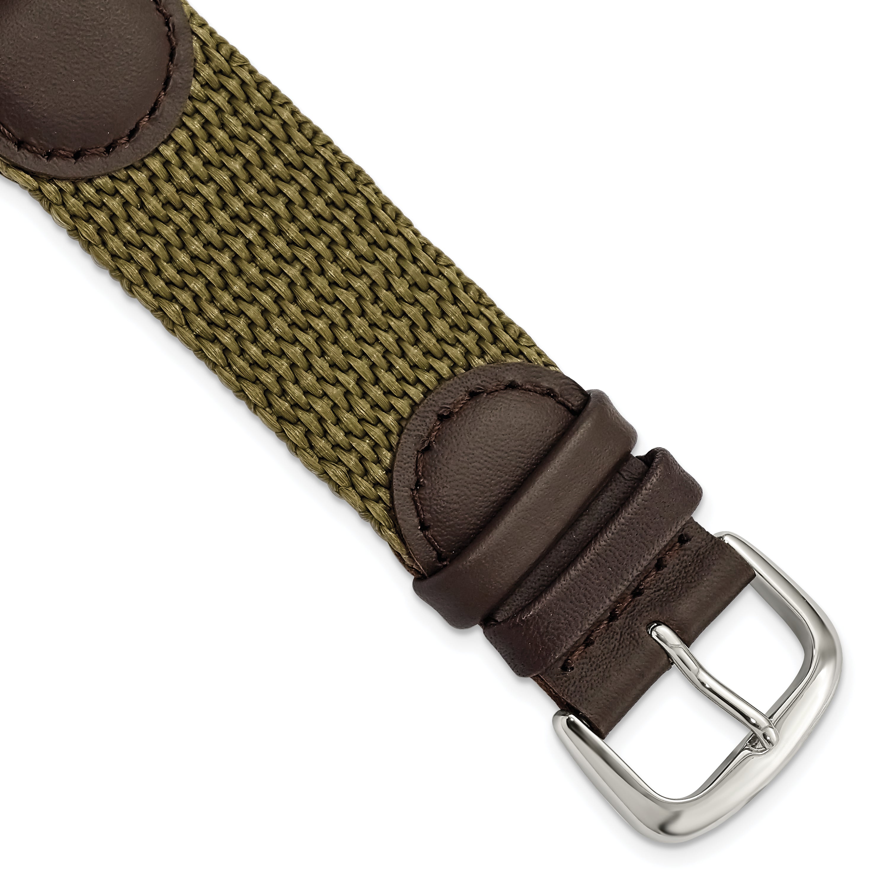 DeBeer 19mm Olive Army Style Nylon and Brown Leather with Stainless Steel Buckle 7.75 inch Watch Band