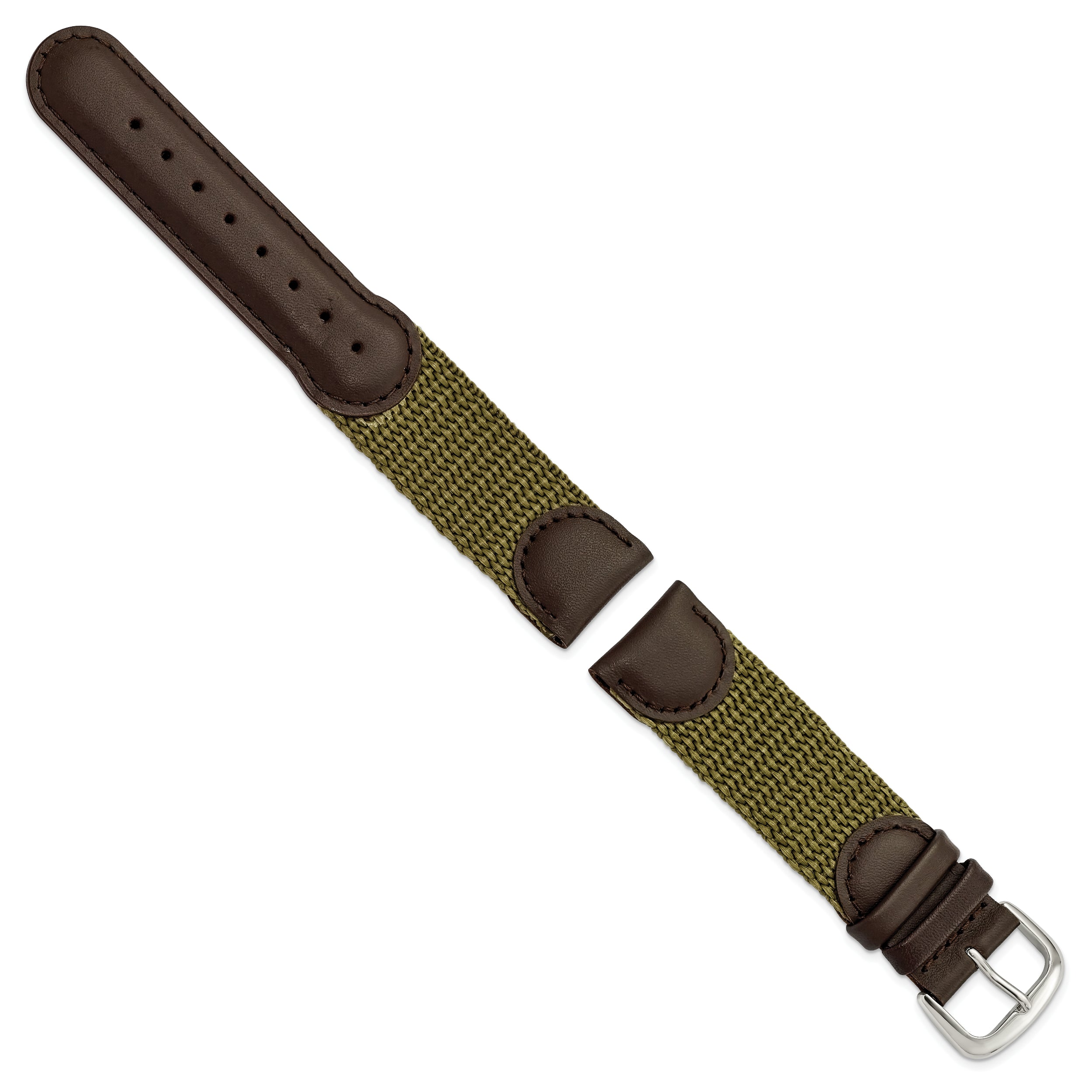 16mm Olive Army Style Nylon and Brown Leather with Stainless Steel Buckle 7.75 inch Watch Band