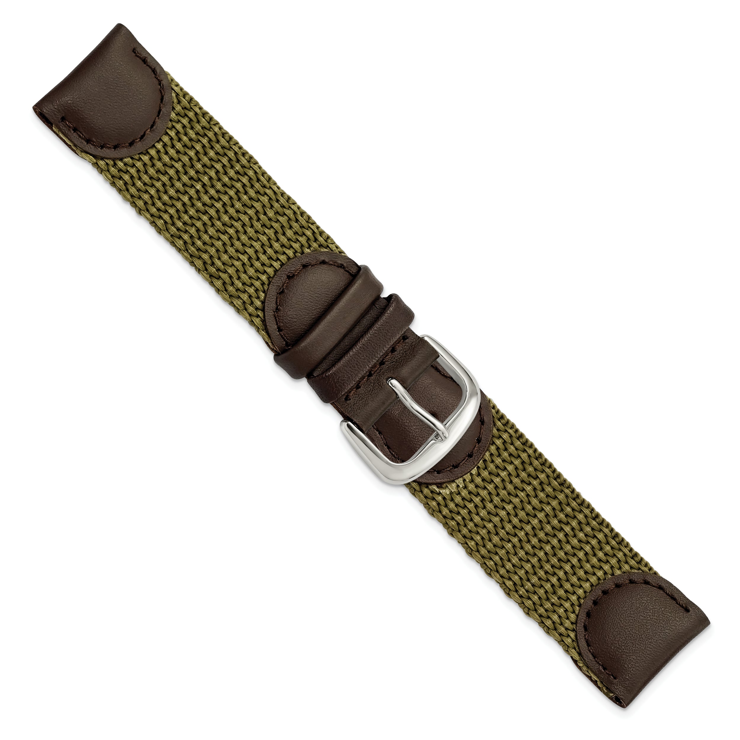 16mm Olive Army Style Nylon and Brown Leather with Stainless Steel Buckle 7.75 inch Watch Band