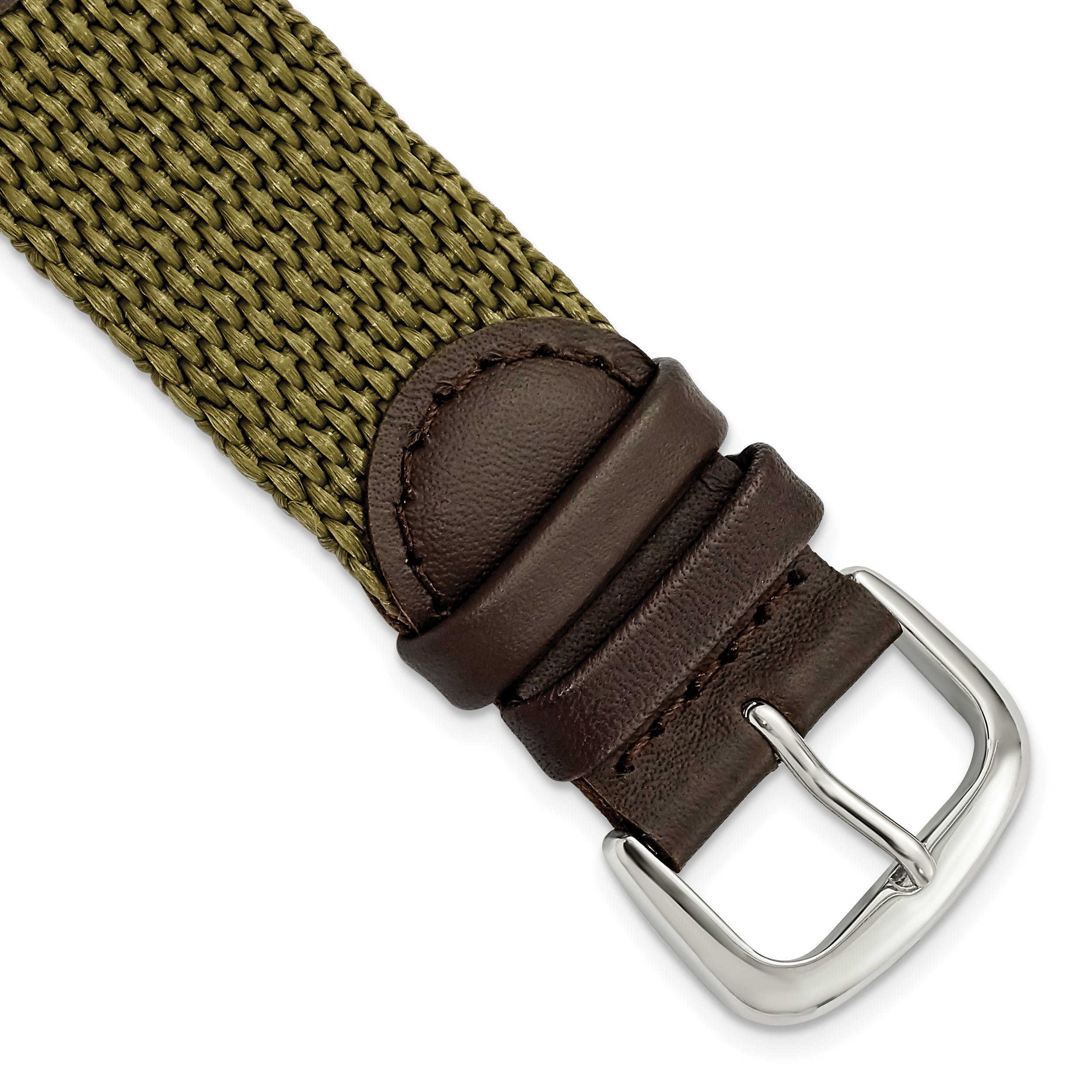 DeBeer 20mm Olive Army Style Nylon and Brown Leather with Stainless Steel Buckle 7.75 inch Watch Band