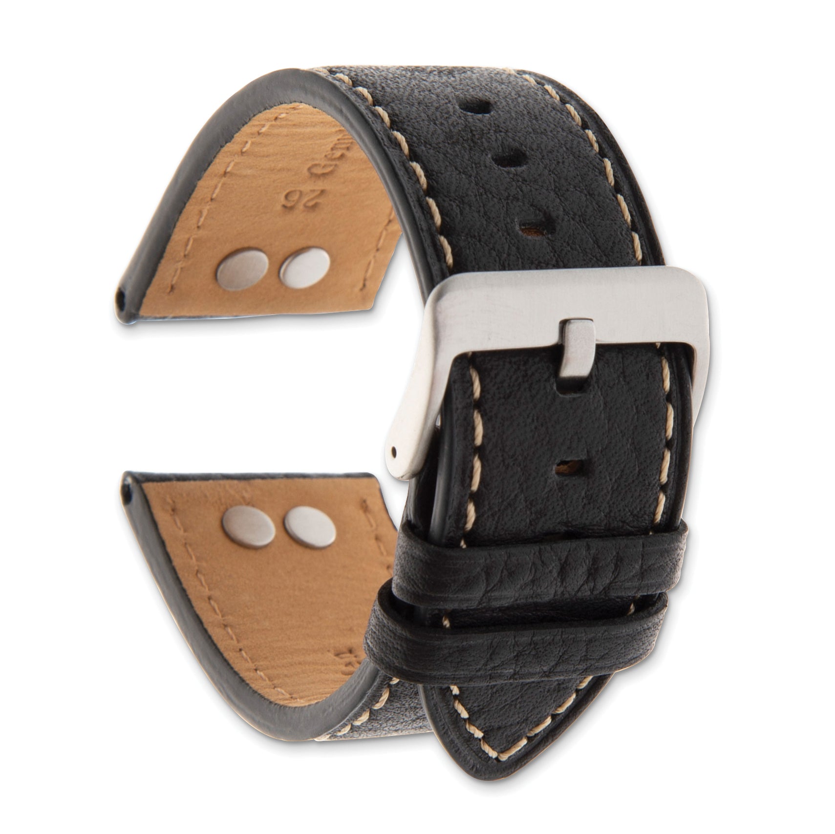 Gilden 22mm Black Flat Stitched Calfskin Leather with Studs and Stainless Steel Buckle 8 inch Watch Band