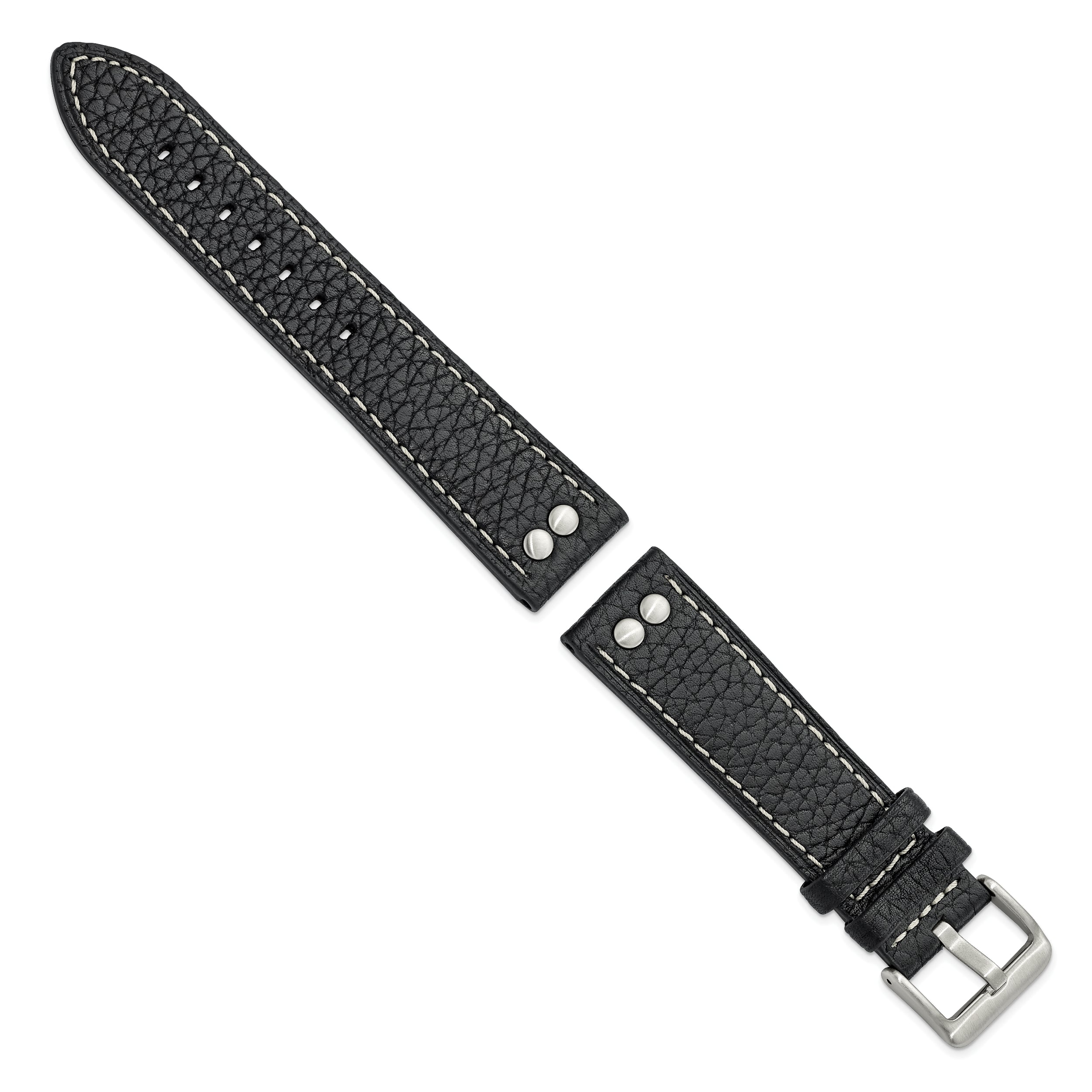 Gilden 22mm Black Flat Stitched Calfskin Leather with Studs and Stainless Steel Buckle 8 inch Watch Band