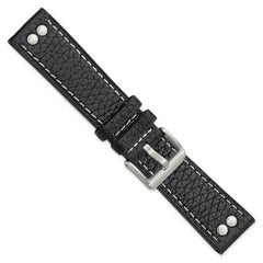 Gilden 22mm Black Flat Stitched Calfskin Leather with Studs and Stainless Steel Buckle 8 inch Watch Band