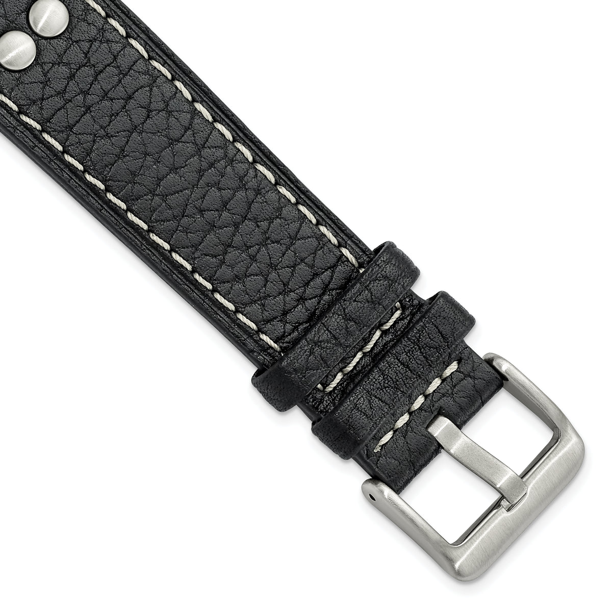 Gilden 22mm Black Flat Stitched Calfskin Leather with Studs and Stainless Steel Buckle 8 inch Watch Band