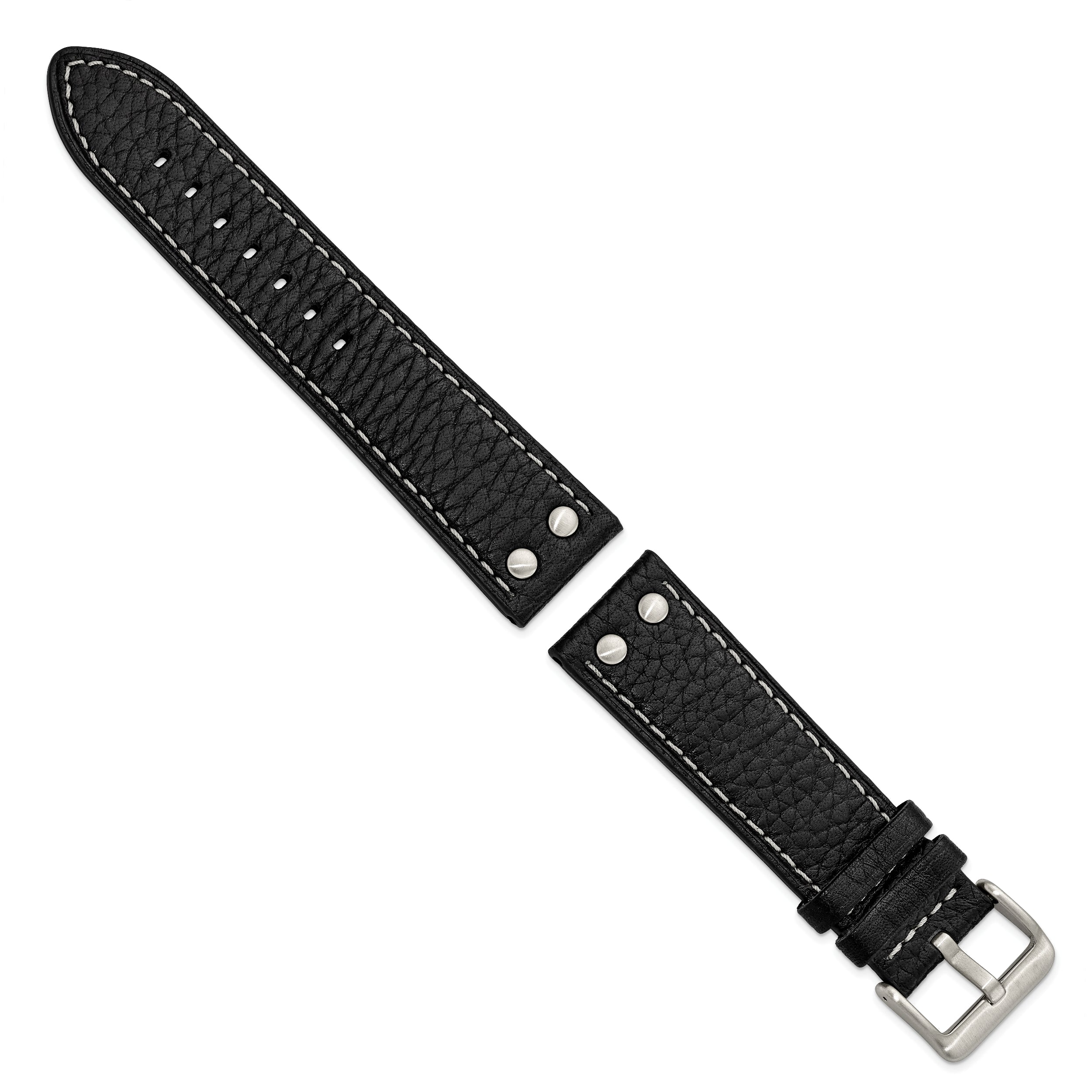 Gilden 22mm Black Flat Stitched Calfskin Leather with Studs and Stainless Steel Buckle 8 inch Watch Band